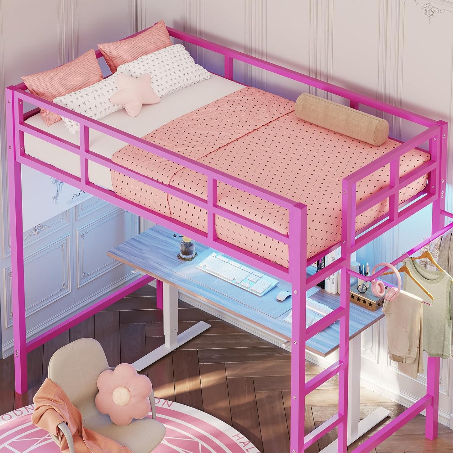 Hasuit Twin Pink Loft Bed with LED Lights, Loft Bed Twin Size with Full-Length Guardrail &Clothes Rack, Heavy Duty Loft Beds Frame, Space-Saving, Noise Free, No Box Spring Needed, Pink