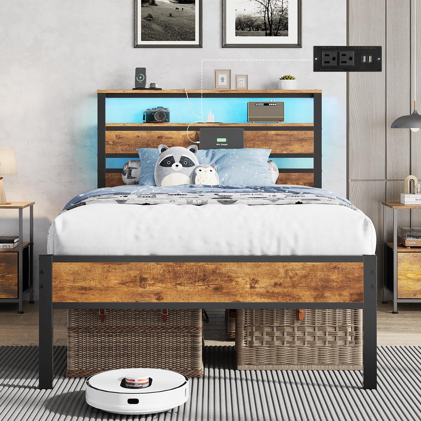 Hasuit Queen Bed Frame with Headboard, LED Lights and Charging Station, Metal Platform Bed Queen Size with Heavy Duty Slats, Under Bed Storage, Fast Assembly, No Box Spring Needed, Noise Free