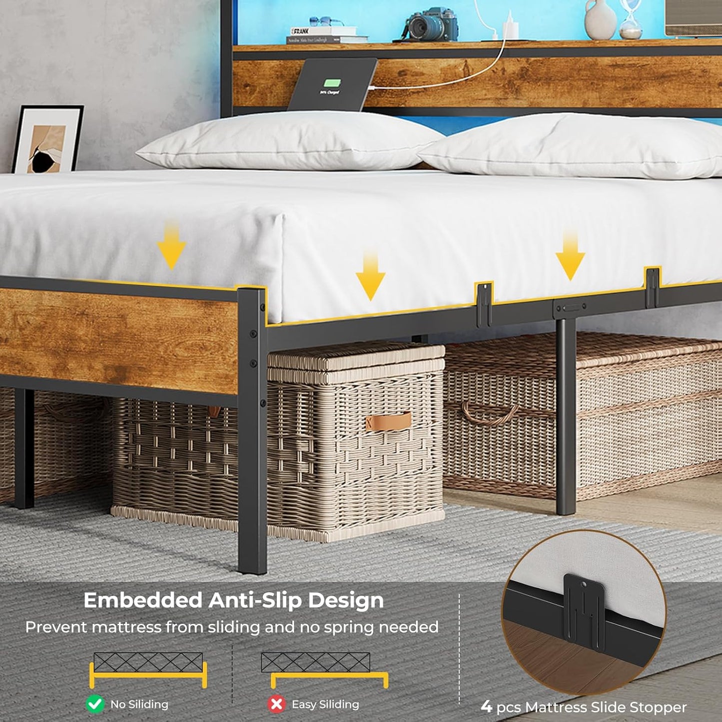 Hasuit Queen Bed Frame with Headboard, LED Lights and Charging Station, Metal Platform Bed Queen Size with Heavy Duty Slats, Under Bed Storage, Fast Assembly, No Box Spring Needed, Noise Free