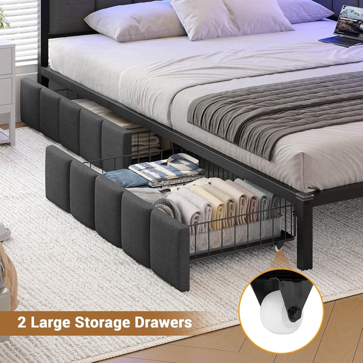 Hasuit Corner Bed Frame with Storage Drawers, Full Daybed with Line Fabric Upholstered Fence, Kids Bed Unit with LED Light and Charging Station, Modern Bed Frame Full Size, Gray