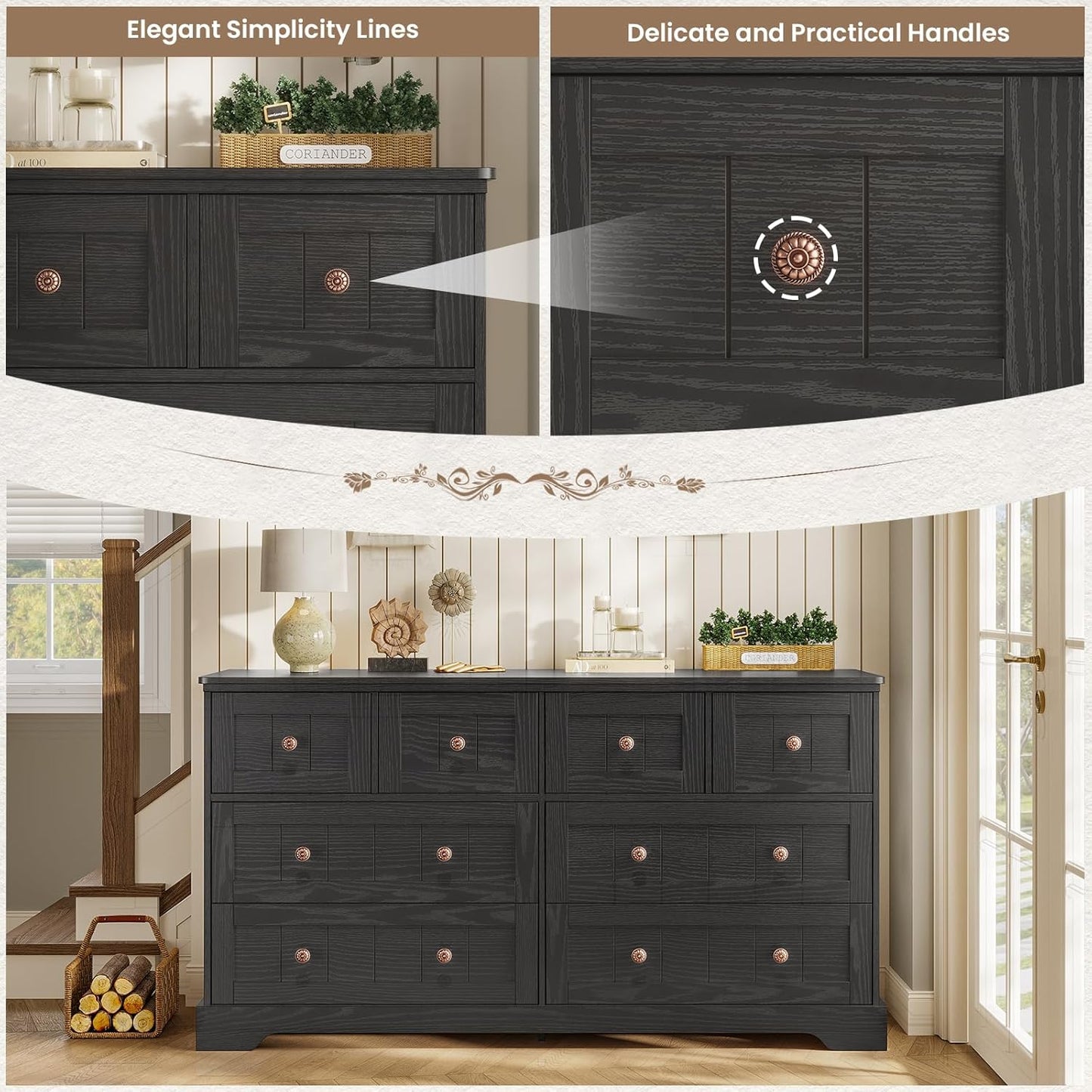 Hasuit Black Dresser for Bedroom, Farmhouse 8 Drawers Dresser, 55" Wide Dressers Chest of Drawers with Hand Carved Panel, Large Wood Closet Storage Organizers Dressers for Bedroom, Living Room Hallway