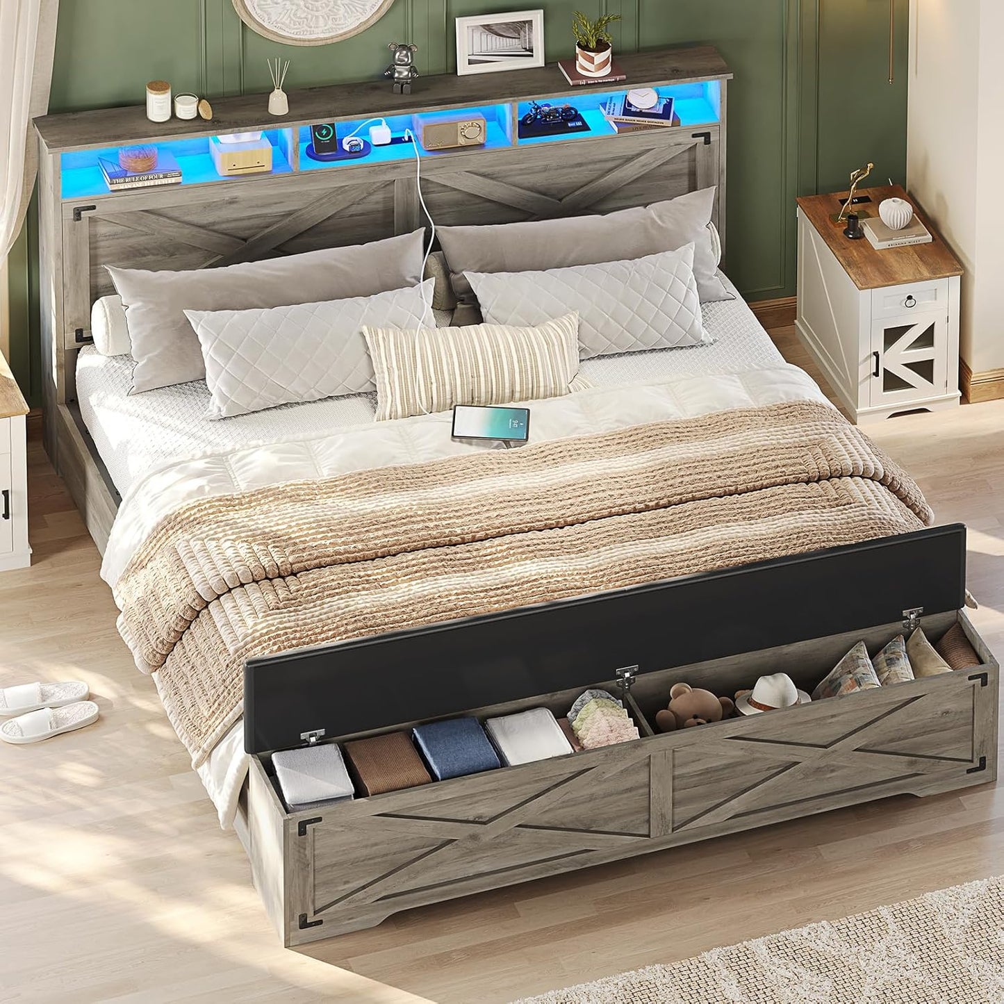 Hasuit Queen Size Bed Frame with Storage Ottoman, Farmhouse Bed Frame with Charging Station and Led Light, Headboard with Storage Rack, Metal Slats, No Noise Design, No Box Spring Needed,Oak Grey