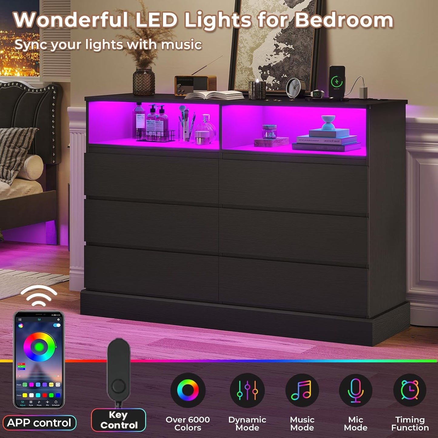 Hasuit Black Dresser for Bedroom with LED Lights and Charging Station, 51.2" Long Dressers Chest of Drawer with Large Drawers and Open Space, Modern 6 Drawer Dresser for Bedroom, Living Room, Entryway