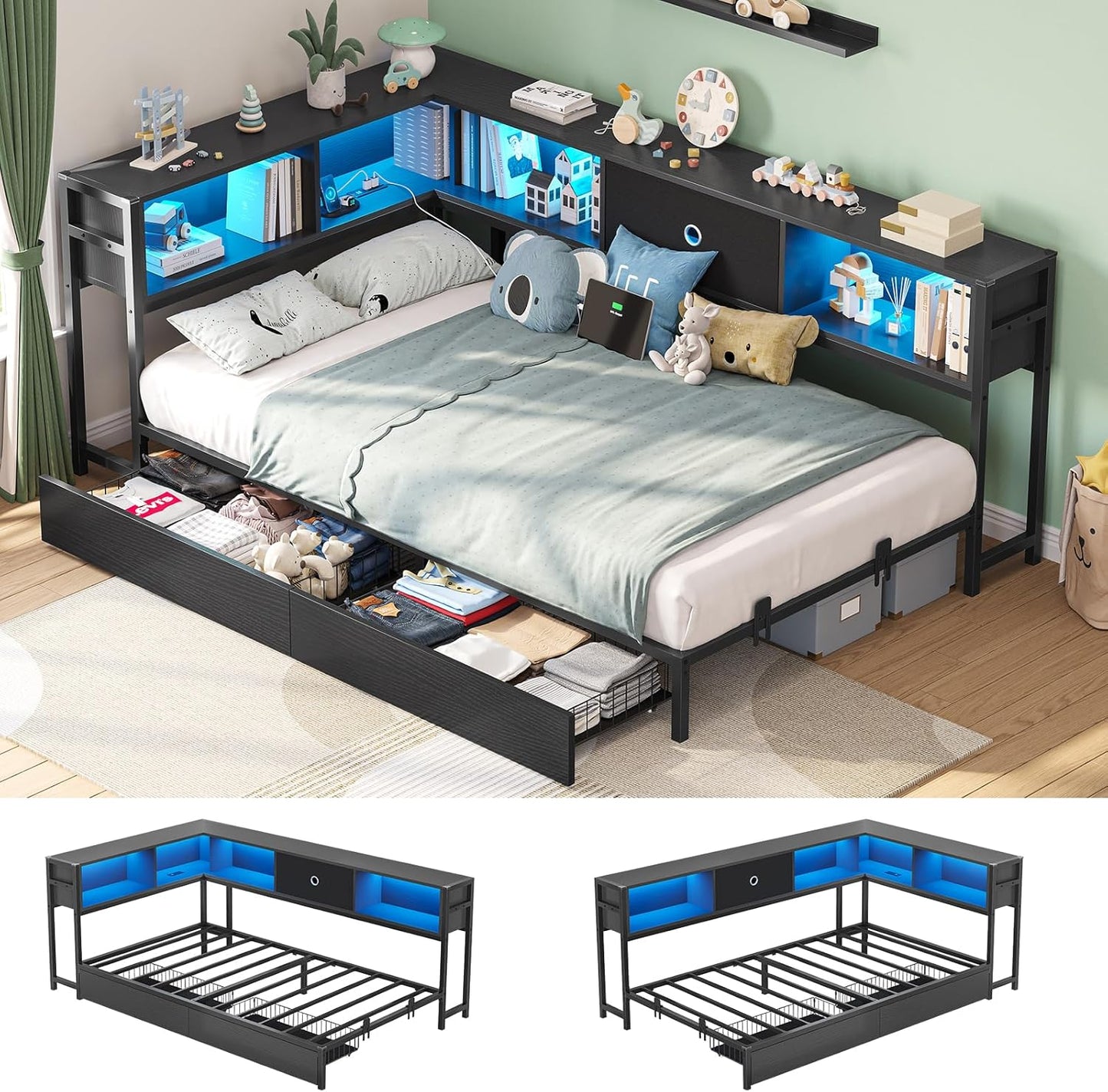 Hasuit Kids Corner Twin Bed with Storage, Charging & LED Light