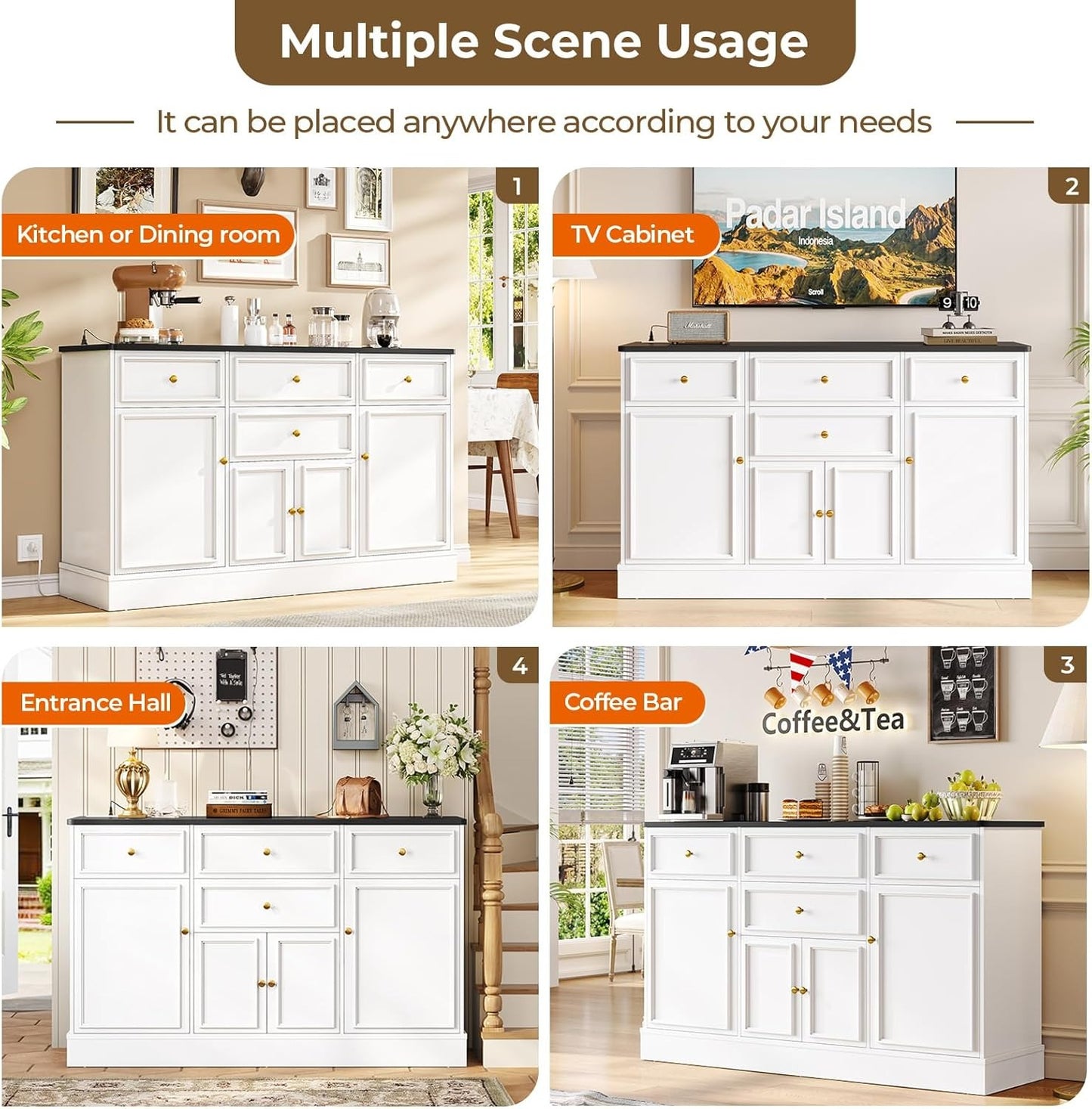 Hasuit 55.1"W White Kitchen Sideboard Buffet Cabinet with Power Outlets and Storage Drawers