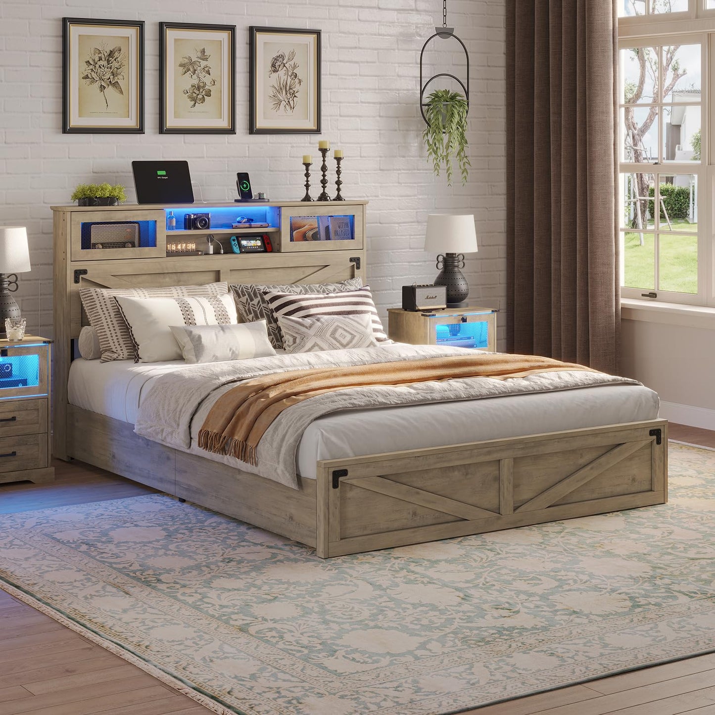 Hasuit Farmhouse Bed Frame King Size with Bookcase Headboard and 2 Drawers, Wooden Platform King Bed with LED Lights and Charging Station, Rustic Accent Headboard with Sliding Door, Rustic Brown