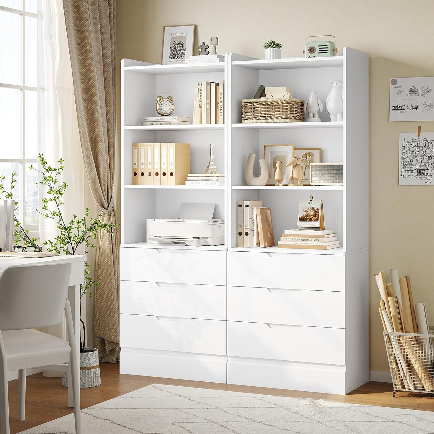 DICTAC Bookcase Set of 2 with 3 Drawers 73.23'' White Bookshelf Storage Cabinets with Shelves and Drawers Kitchen Pantry with Microwave Stand,Storage Organizer for Living Room,Office,Study, Bathroom