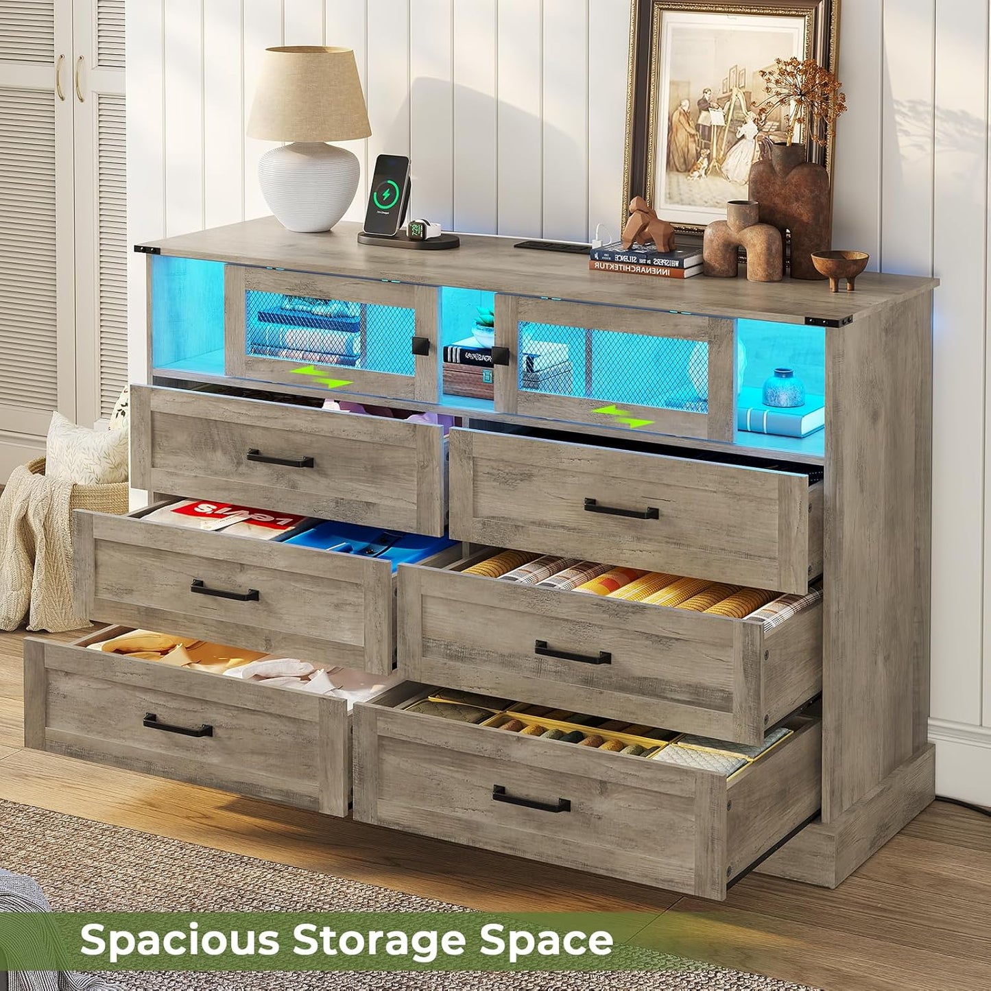 Hasuit 6 Drawer Dresser with LED Lights and Charging Station, Farmhouse Chest of Drawers Closet Organizer, Clothes Storage Cabinet Double Dressers for Bedroom, Living Room, Hallway, Rustic Oak