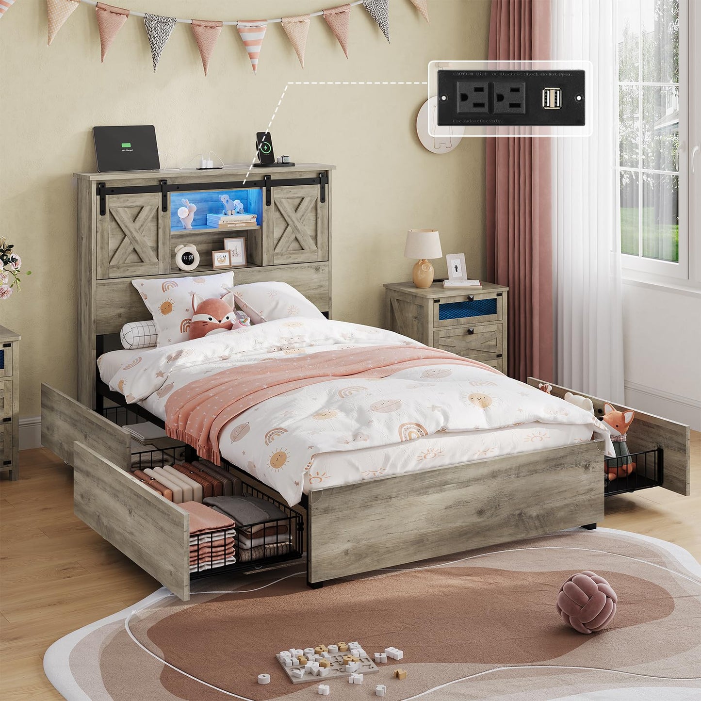 Hasuit Farmhouse Bed Frame California King Size with 4 Storage Drawers, Wooden Platform Cal King Beds with Charging Station and LED Lights, Rustic Bed with Storage Headboard and Sliding Barn Door