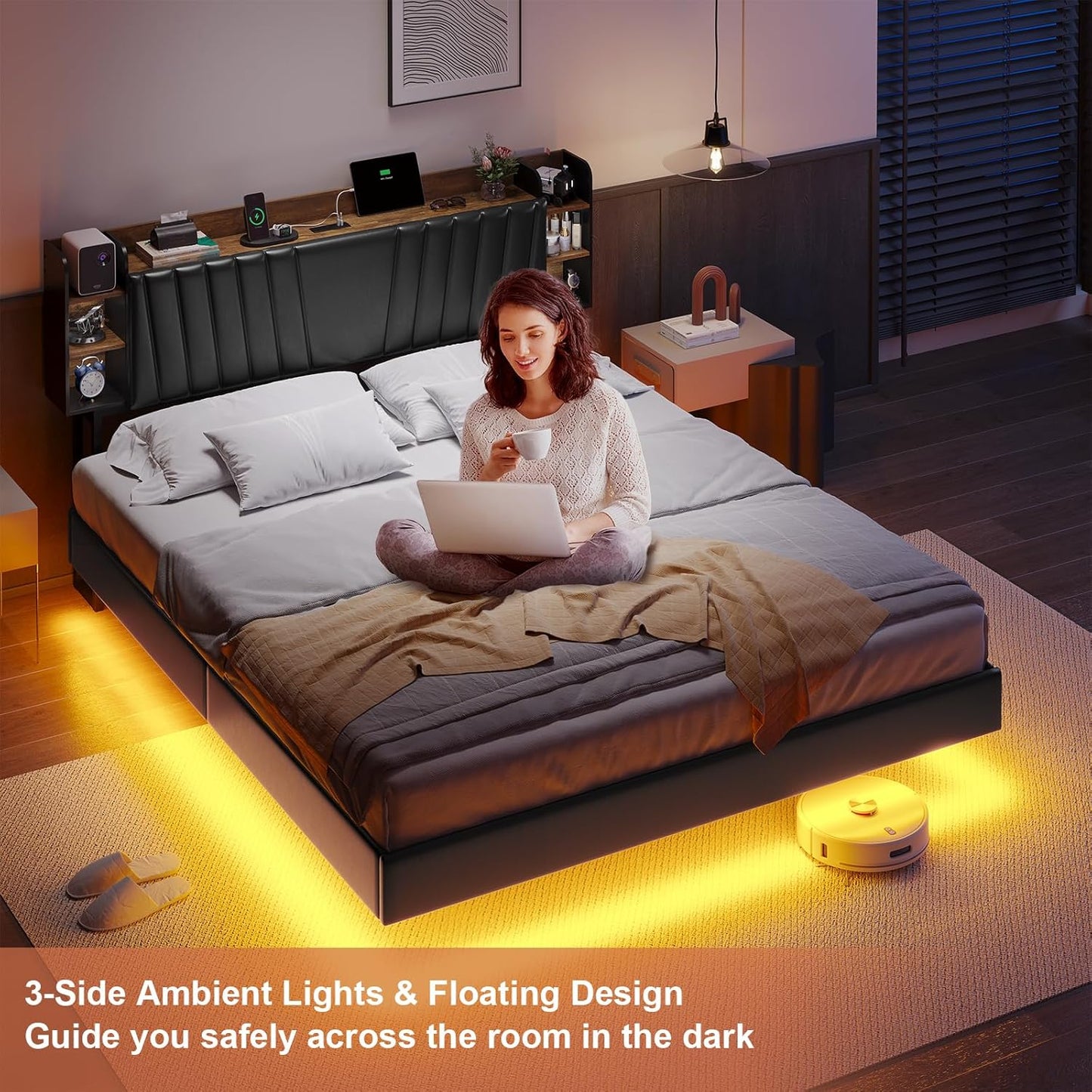 Hasuit California King Floating Led Bed Frame with Hidden Storage Headboard and Charging Station Cal King Size Visual Floating Platform Bed with Led Lights,No Box Spring Needed,Black+Rustic