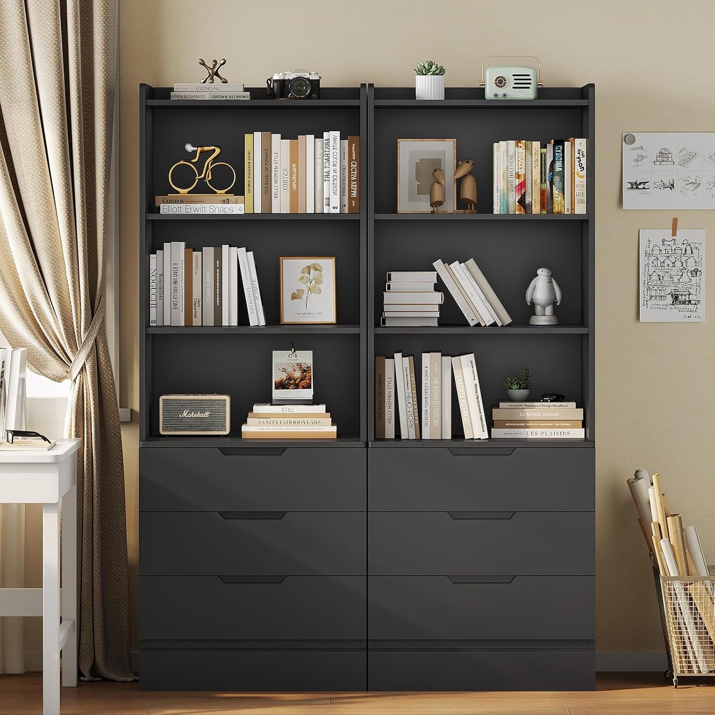 DICTAC Bookcase Set of 2 with 3 Drawers 73.23'' Bookshelf Storage Cabinets with Shelves and Drawers Kitchen Pantry with Microwave Stand,Storage Organizer for Living Room,Office,Study,Bathroom