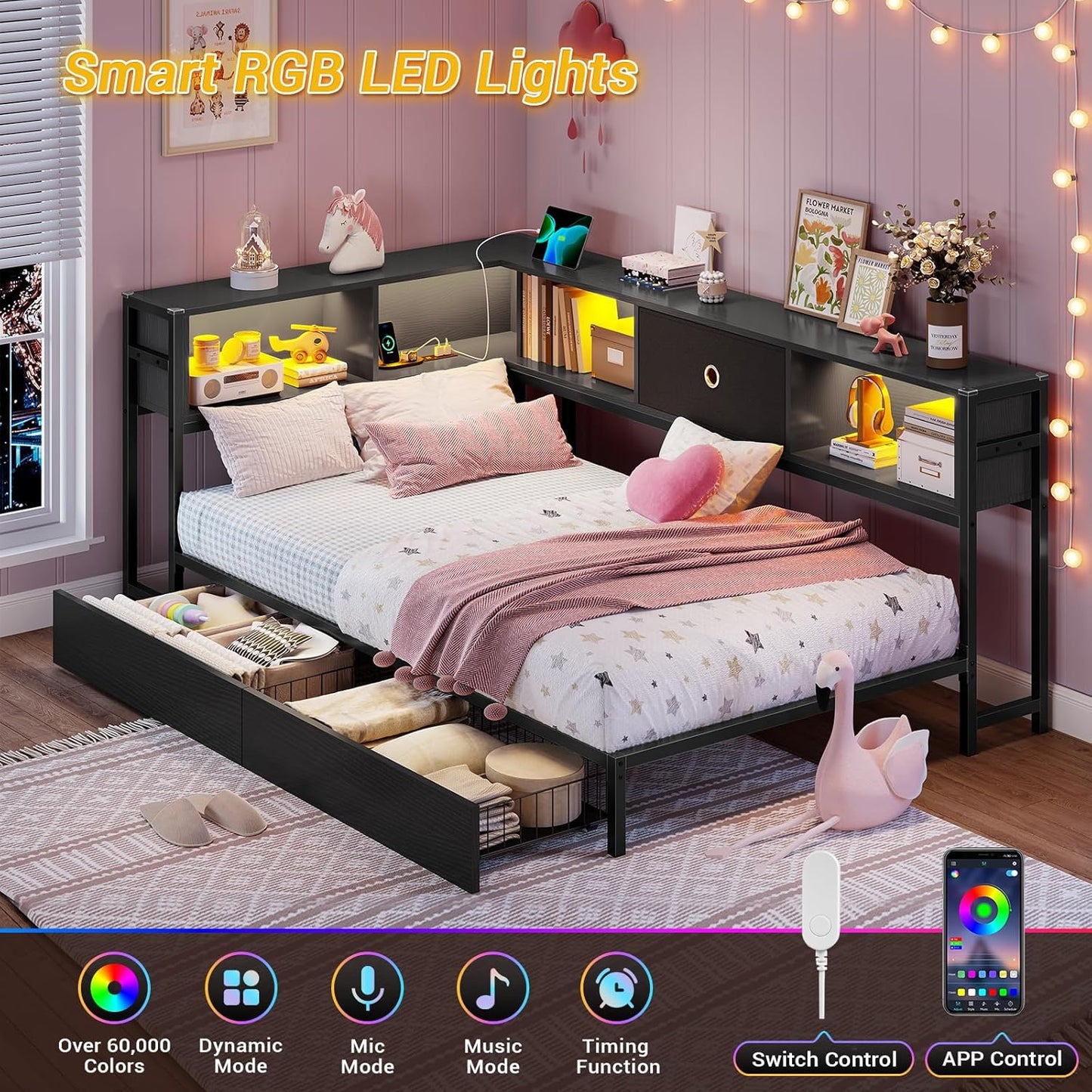 Hasuit Kids Corner Twin Bed with Storage, Charging & LED Light
