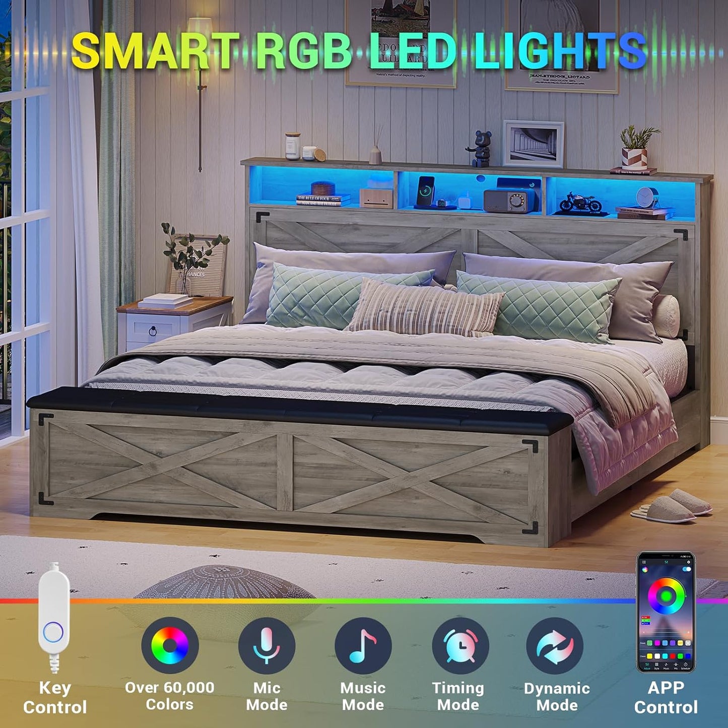 Hasuit Queen Size Bed Frame with Storage Ottoman, Farmhouse Bed Frame with Charging Station and Led Light, Headboard with Storage Rack, Metal Slats, No Noise Design, No Box Spring Needed,Oak Grey