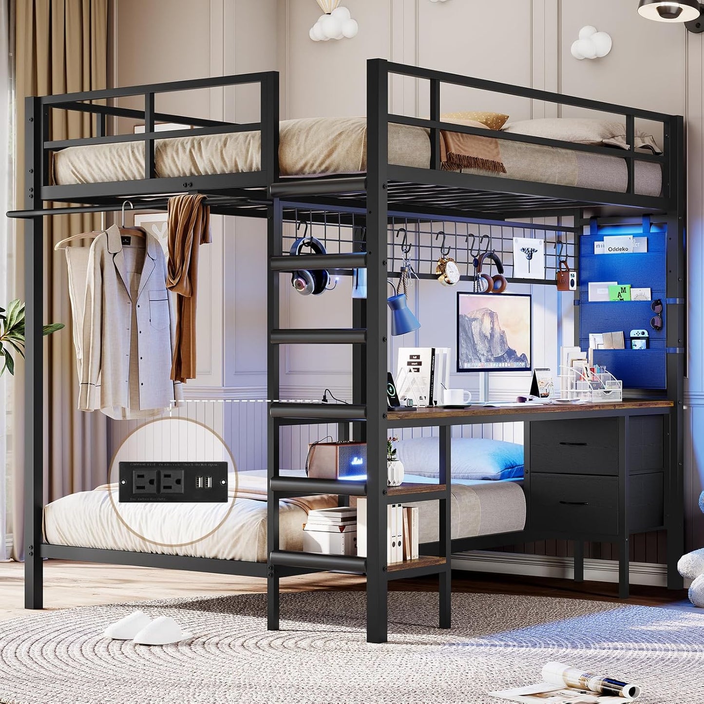 Hasuit Full Over Twin Bunk Bed with Desk Convertible Storage Shelf,Metal Loft Bed with Led Lights & Charging Station,Bunk Beds for Teens with Safety Guard & Stairs,Space Saving Bedroom Furniture,Black