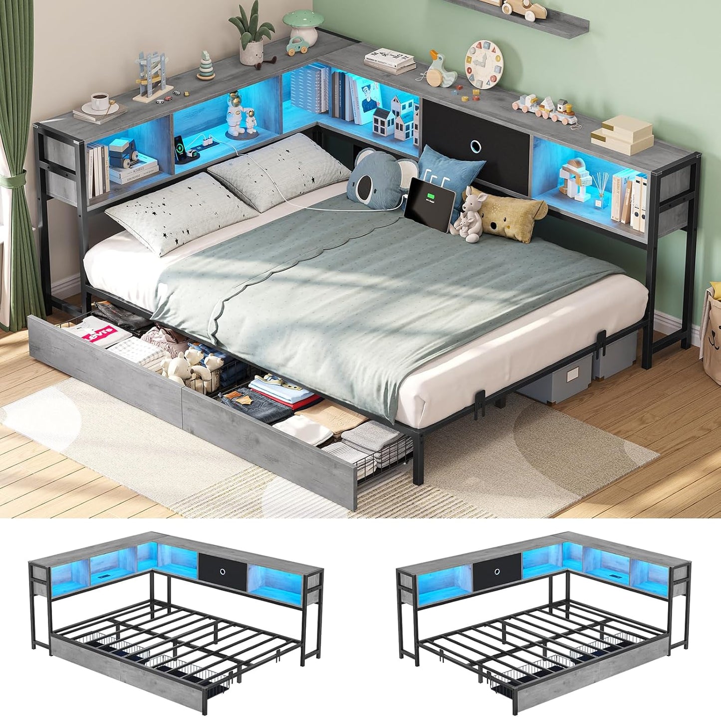 Hasuit Kids Corner Twin Bed with Storage, Charging & LED Light