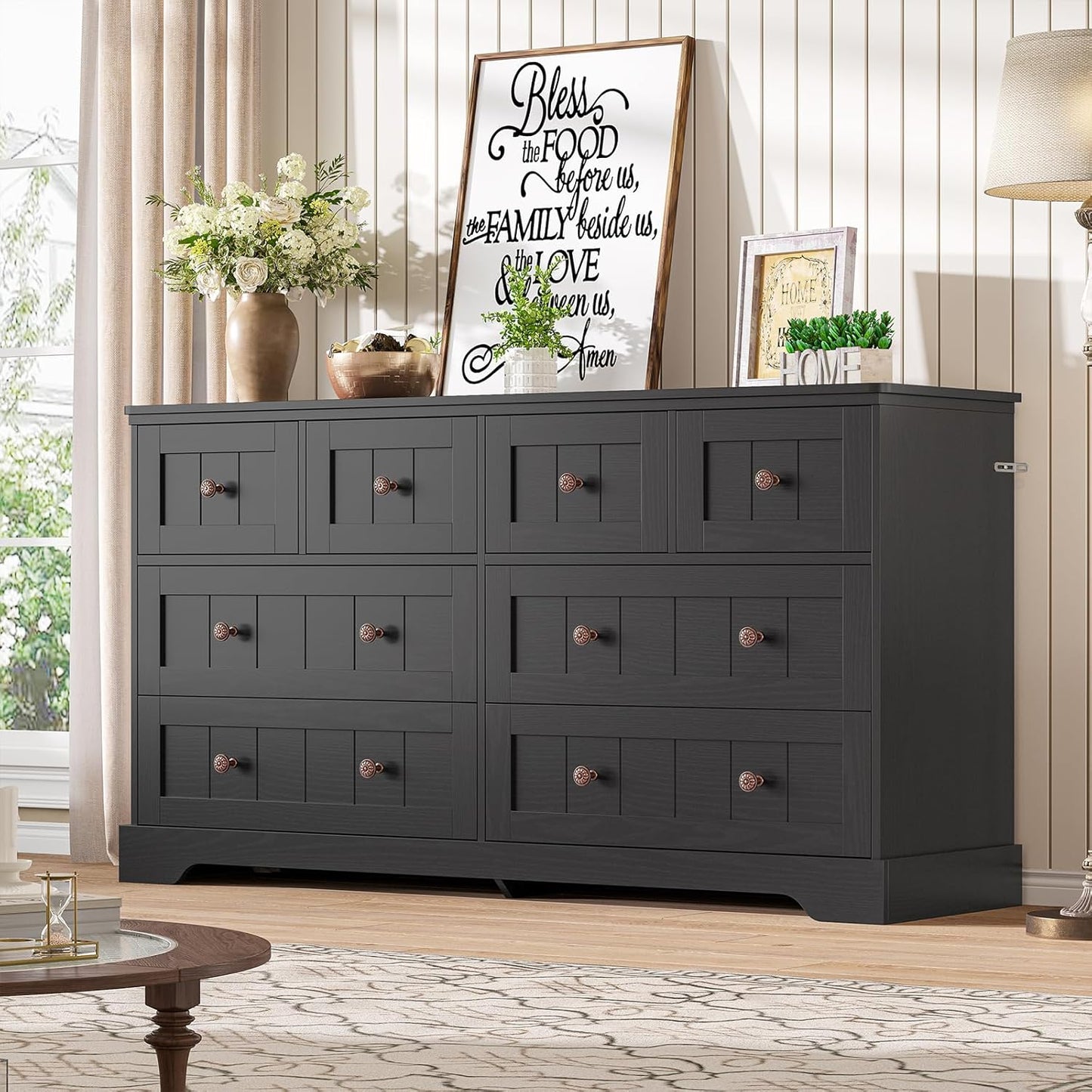 Hasuit Black Dresser for Bedroom, Farmhouse 8 Drawers Dresser, 55" Wide Dressers Chest of Drawers with Hand Carved Panel, Large Wood Closet Storage Organizers Dressers for Bedroom, Living Room Hallway