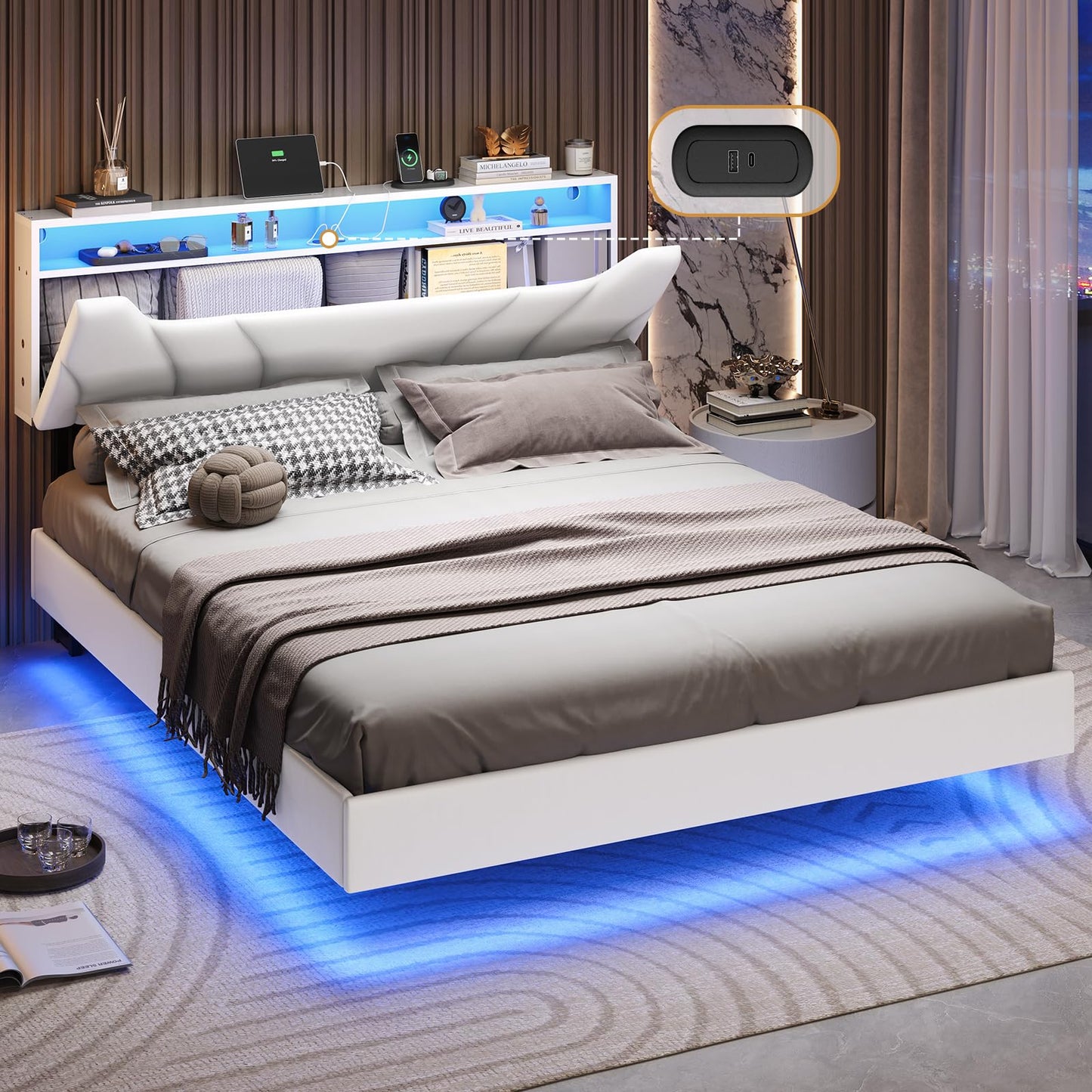 Hasuit California King Floating Led Bed Frame with Hidden Storage Headboard and Charging Station Cal King Size Visual Floating Platform Bed with Led Lights,No Box Spring Needed,Black+Rustic