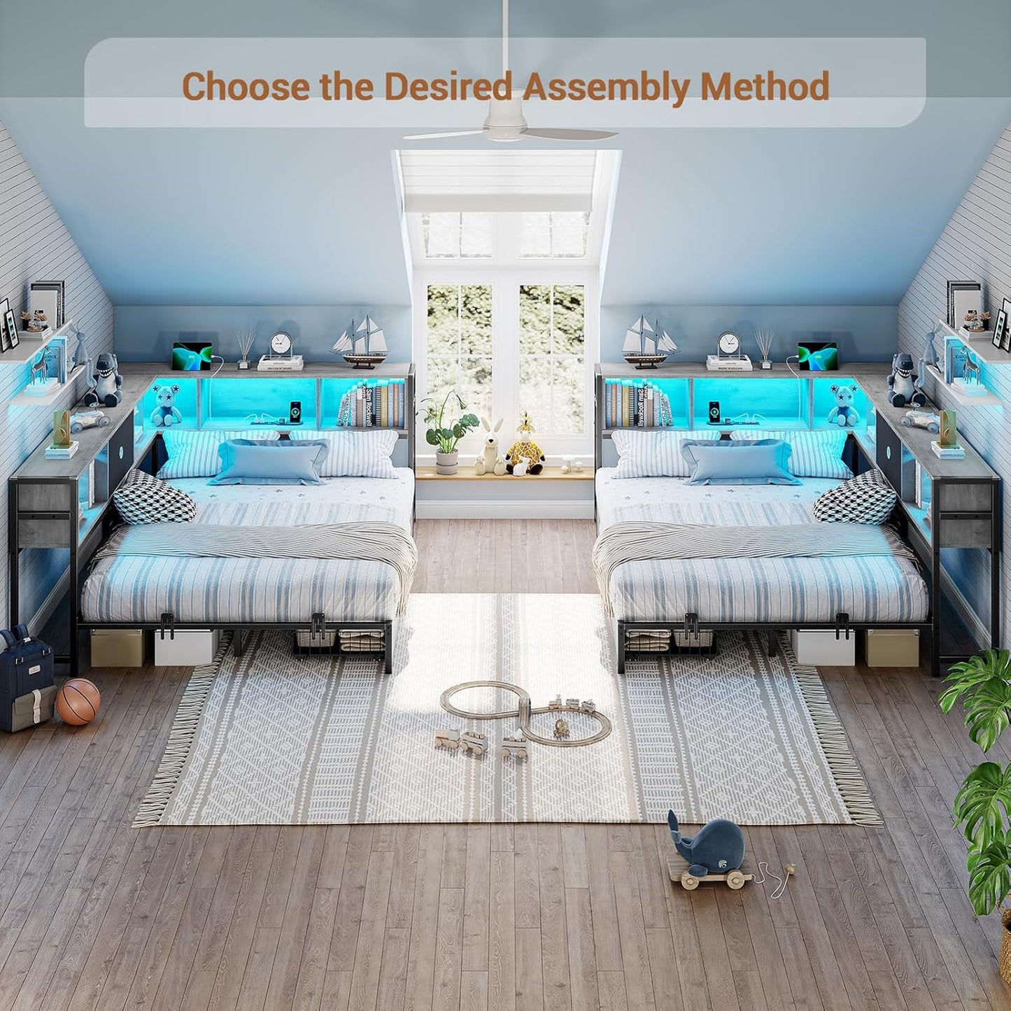 Hasuit Kids Corner Twin Bed with Storage, Charging & LED Light