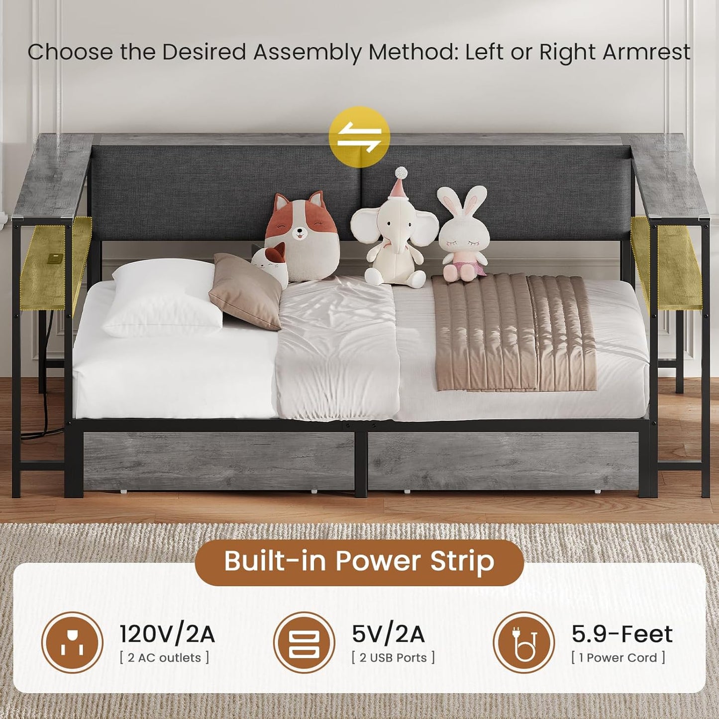 Hasuit Twin Daybed with Storage Bookcase and Drawers, Kids Bedroom Bed Frame Twin Size Unit with Charging Station, Corner Bed with Armrest Storage Shelves and Upholstered Backrest for Small Space