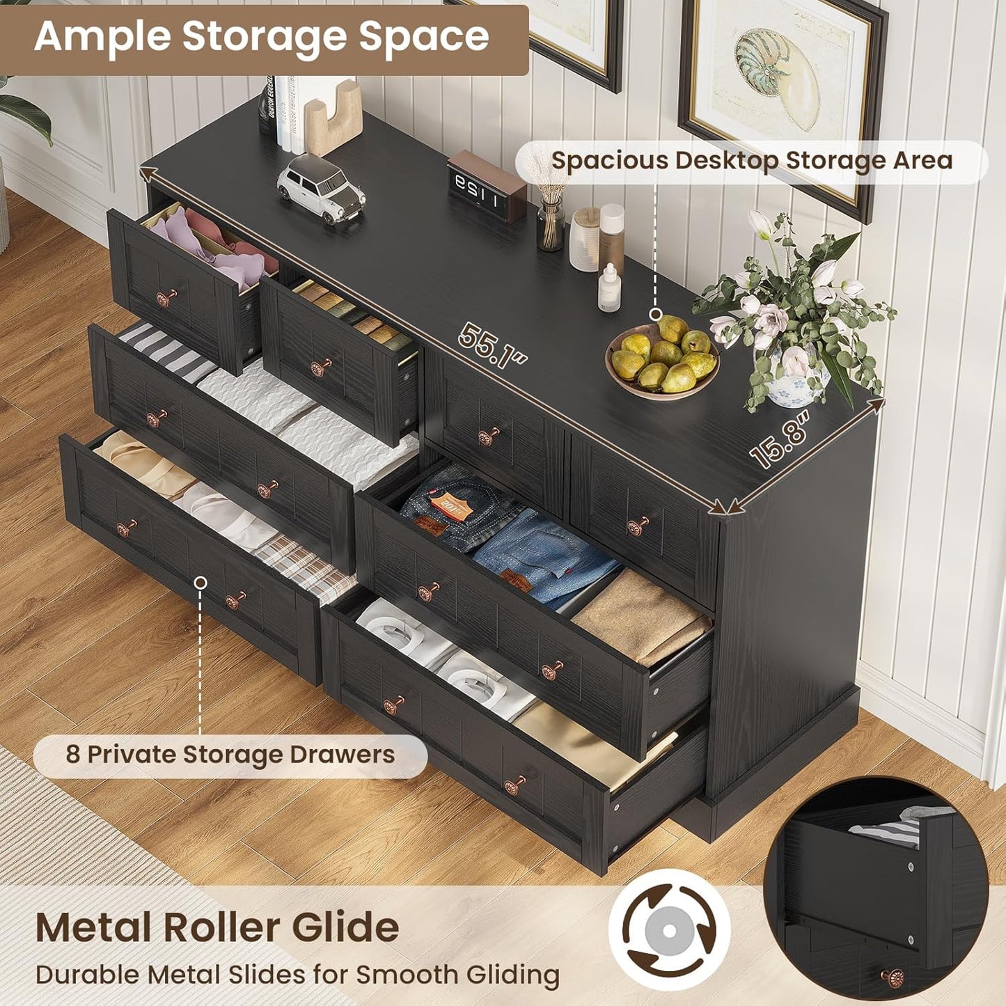 Hasuit Black Dresser for Bedroom, Farmhouse 8 Drawers Dresser, 55" Wide Dressers Chest of Drawers with Hand Carved Panel, Large Wood Closet Storage Organizers Dressers for Bedroom, Living Room Hallway