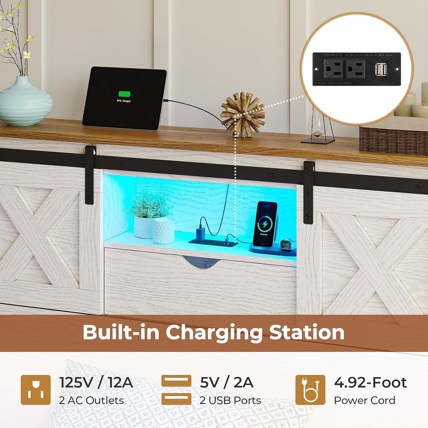 Hasuit Farmhouse Bed Frame Twin XL Size with 2 Storage Drawers, Wooden Platform Twin XL Bed with LED Lights and Charging Station, Rustic Headboard with Sliding Barn Door Storage Cabinets (White)