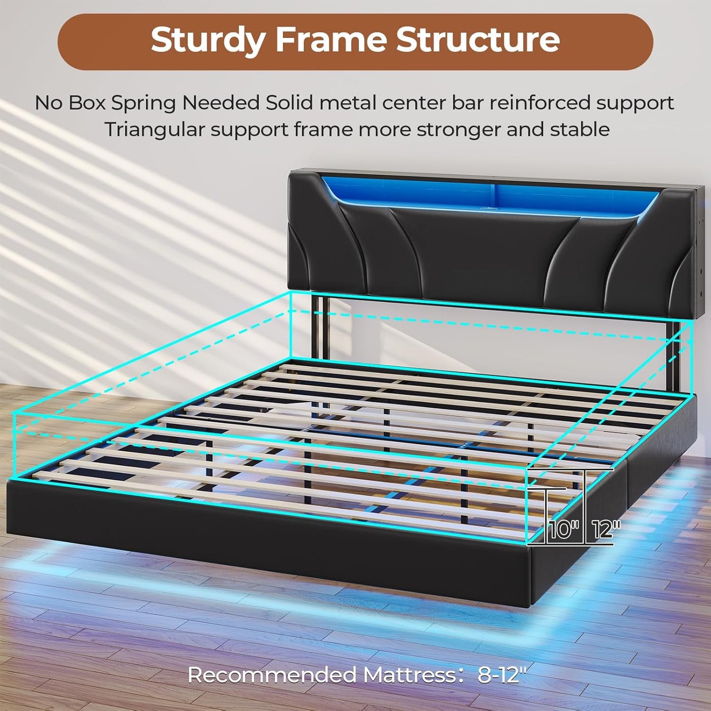 Hasuit California King Bed Frame with Hidden Storage Headboard and Charging Station Cal King Size Floating Bed Frame with Led Lights Upholstered Visual Floating Platform bed,No Box Spring Needed,Black