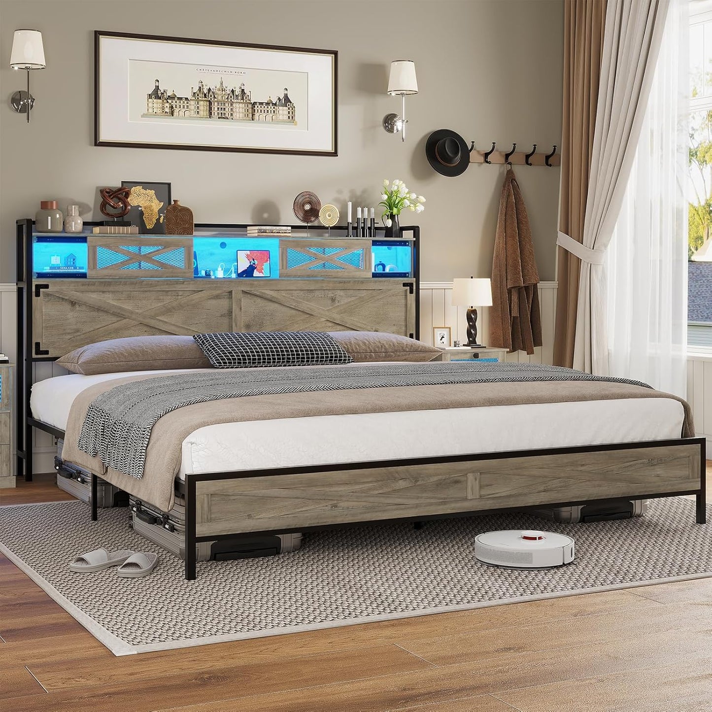 Hasuit King Bed Frame with Storage Headboard, Platform Bed King Size with Charging Station and LED Lights, Farmhouse Rustic Bed with Sliding Barn Door, Rustic Oak