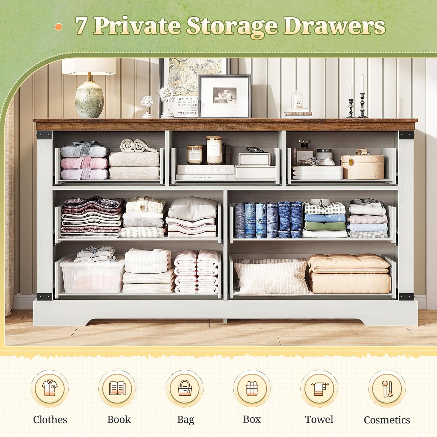 Hasuit White Dresser for Bedroom, Wooden 55.1" Long Dressers Chest of Drawer, Farmhouse 7 Drawer Dresser with Thick Styling, Large Capacity Storage Cabinet Organizer, Wide Dressers for Bedroom Hallway