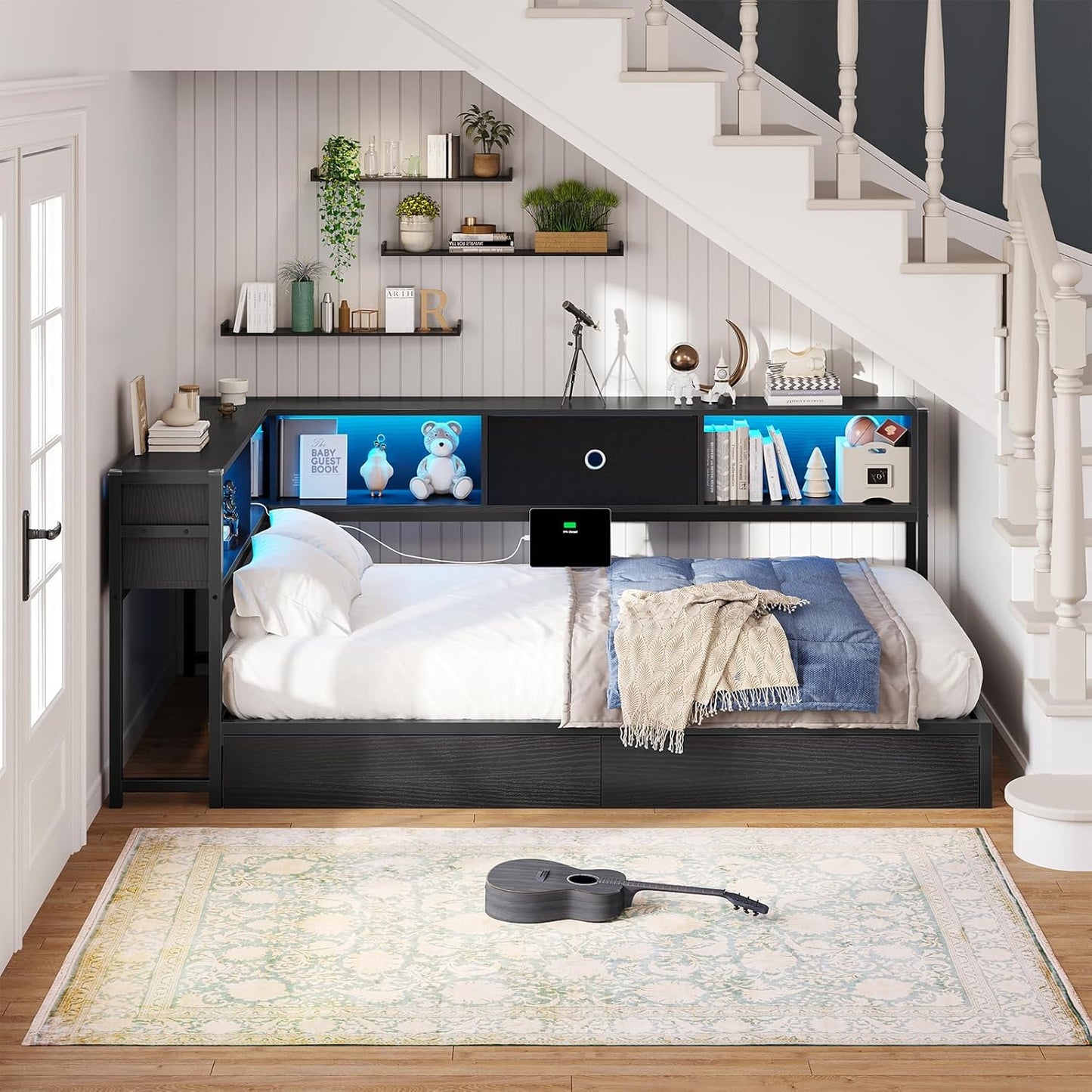 Hasuit Kids Corner Twin Bed with Storage, Charging & LED Light