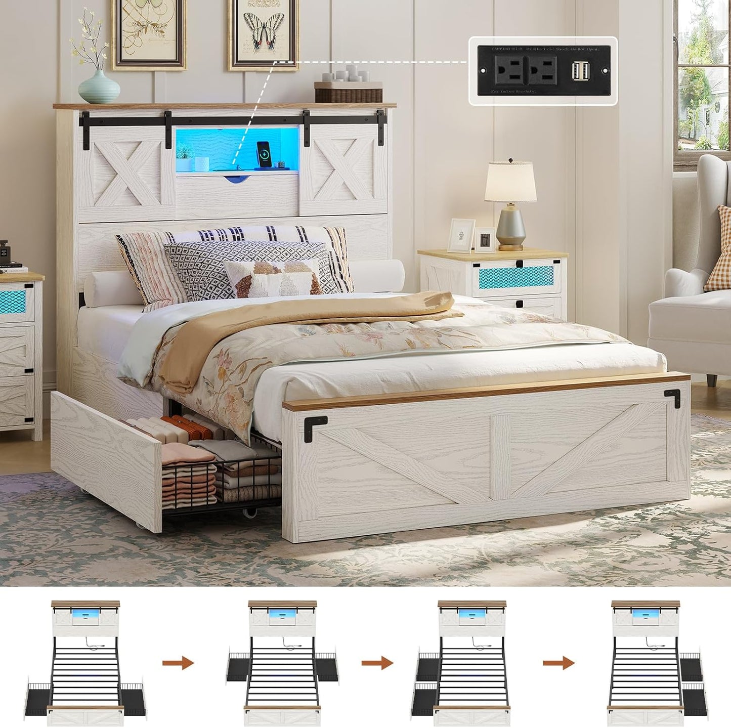 Hasuit Farmhouse Bed Frame Twin XL Size with 2 Storage Drawers, Wooden Platform Twin XL Bed with LED Lights and Charging Station, Rustic Headboard with Sliding Barn Door Storage Cabinets (White)
