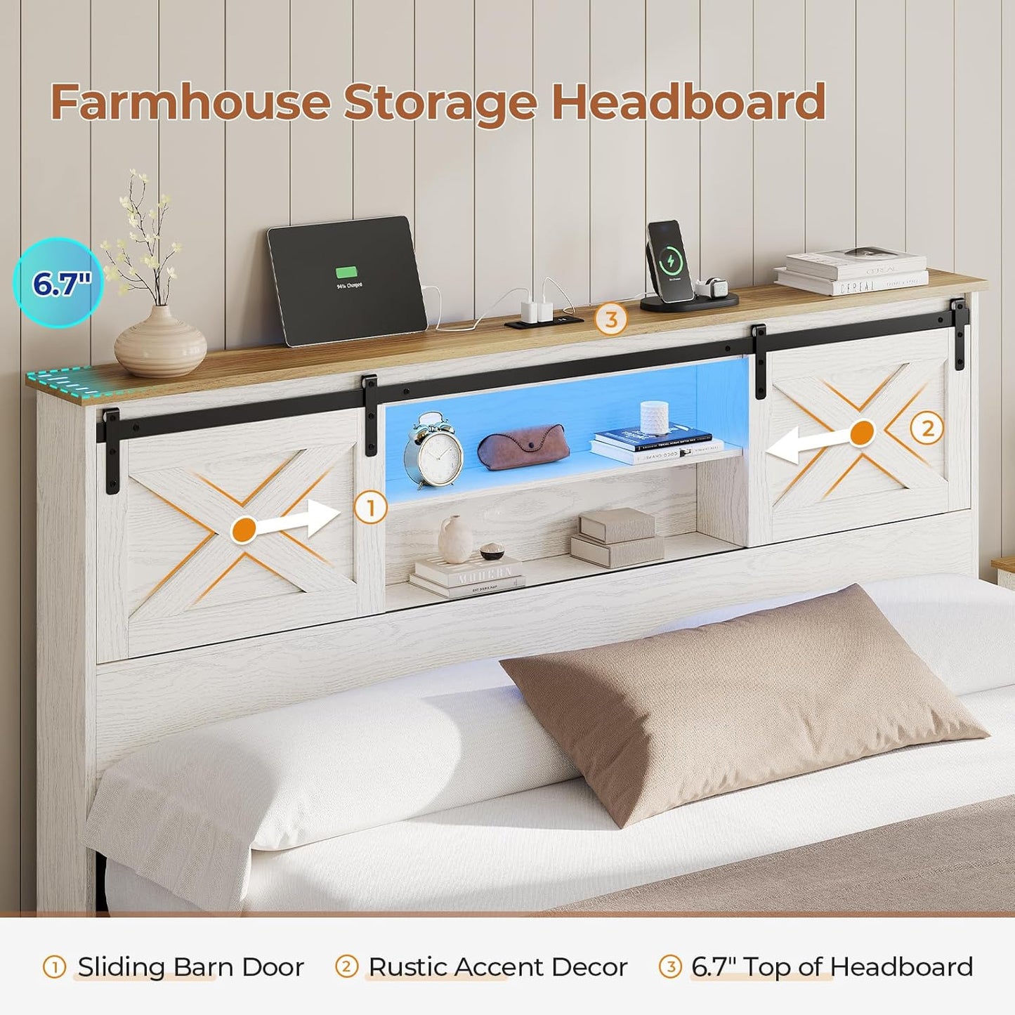 Hasuit Farmhouse Bed Frame California King Size with 4 Storage Drawers, Wooden Platform Cal King Beds with Charging Station and LED Lights, Rustic Bed with Storage Headboard and Sliding Barn Door