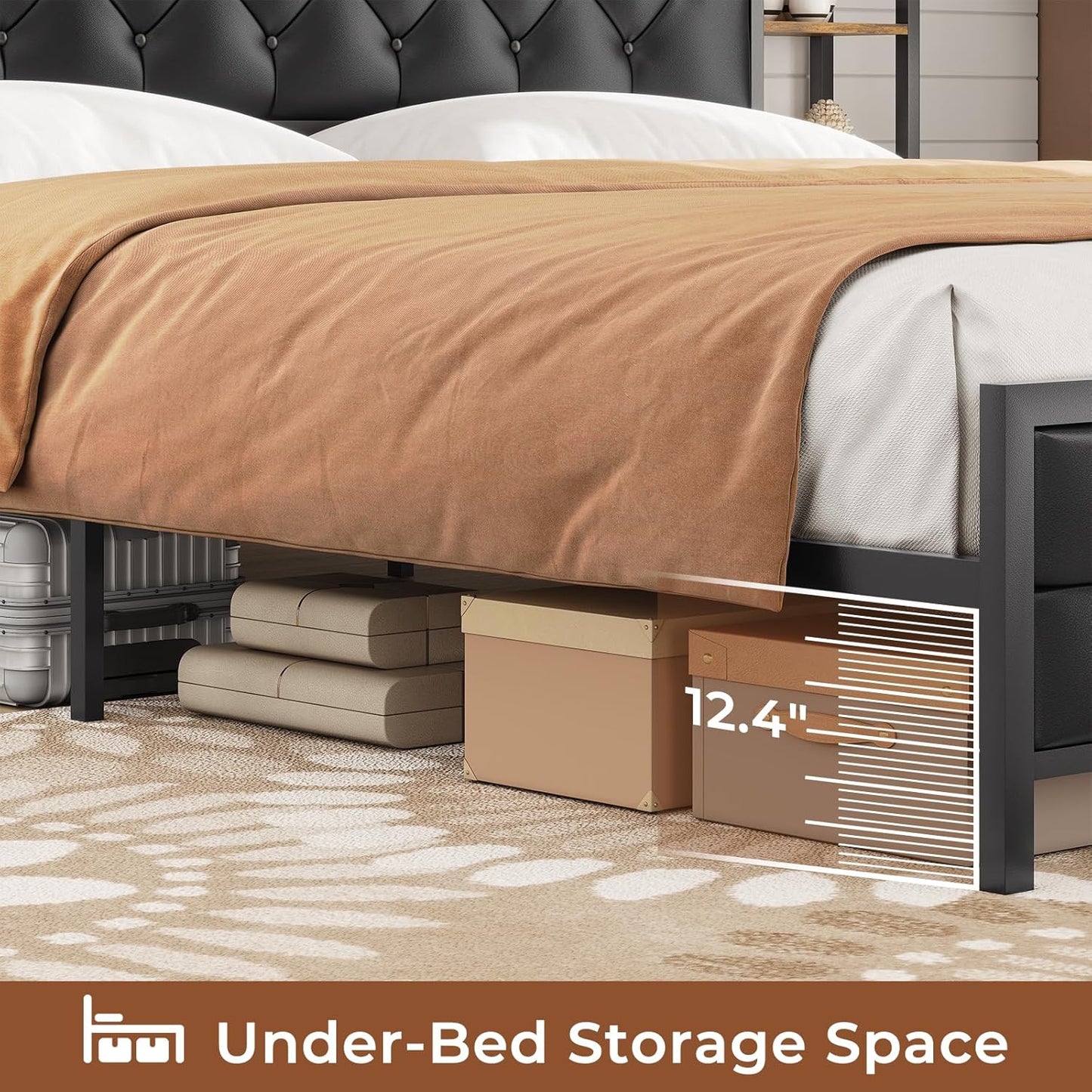 Hasuit King Farmhouse Bed Frame, King Size Platform Bed with LED Lights and Charging Station, Artificial Leather Headboard with Bookcase Shelves, No Box Spring Needed, Noise Free