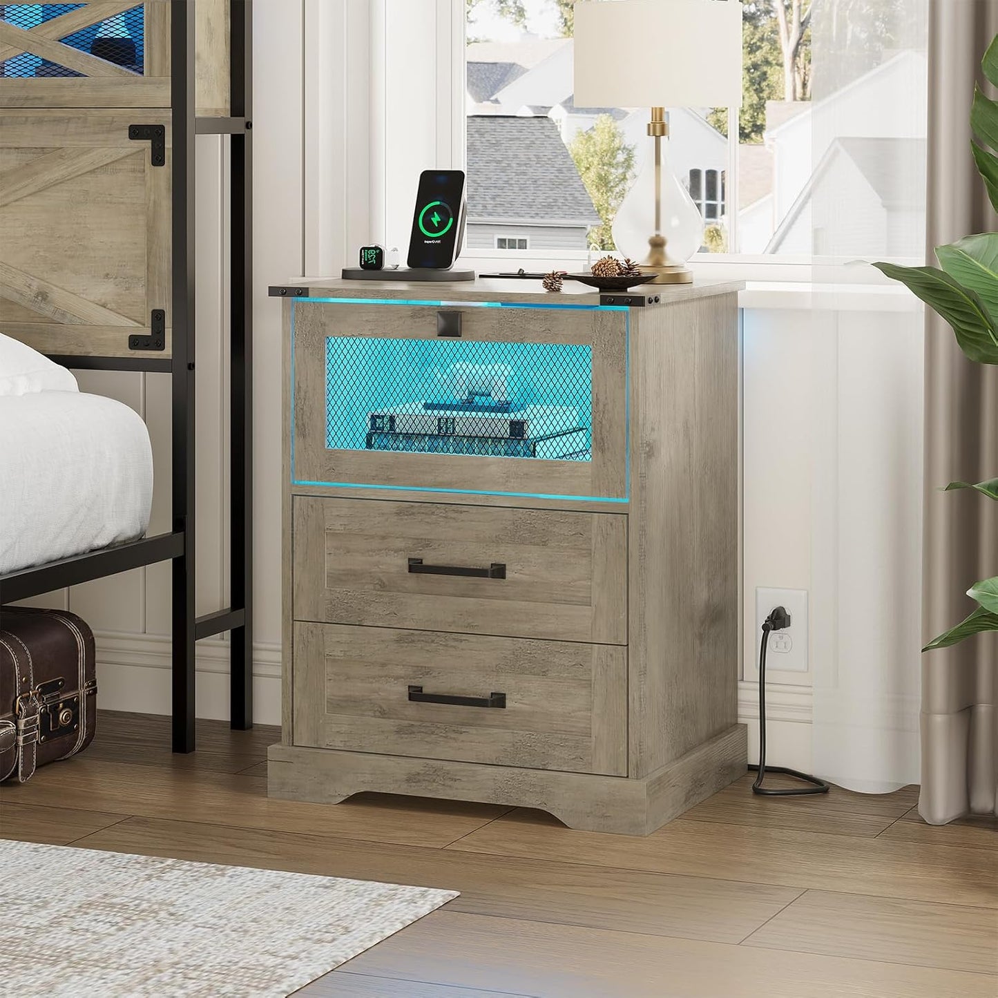 Hasuit Farmhouse Night Stand Set of 2 with LED Lights and Charging Station, Rustic Oak Nightstand with 2 Drawers, and Cubby with Wire Mesh Door, Bedside End Table for Bedroom