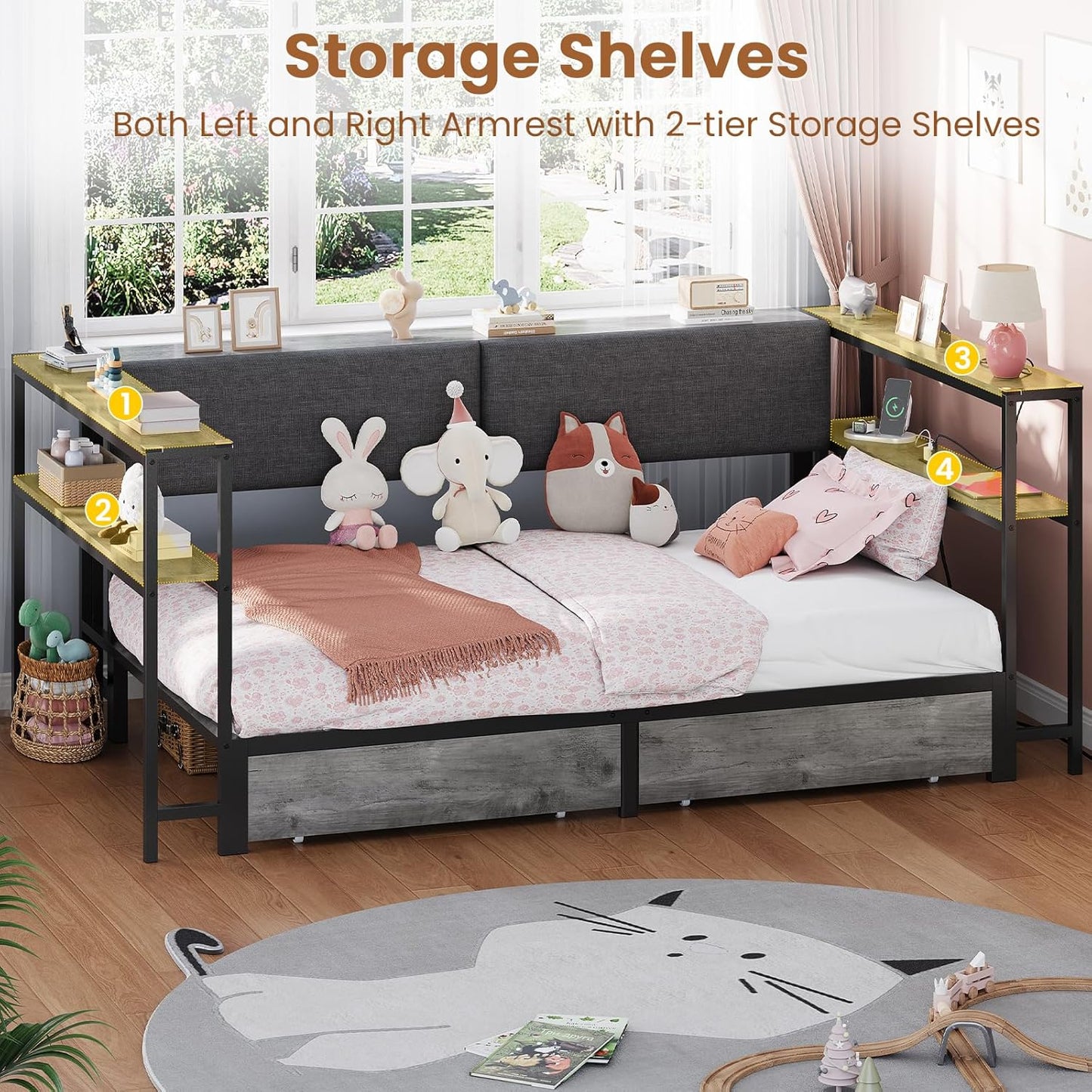 Hasuit Twin Daybed with Storage Bookcase and Drawers, Kids Bedroom Bed Frame Twin Size Unit with Charging Station, Corner Bed with Armrest Storage Shelves and Upholstered Backrest for Small Space