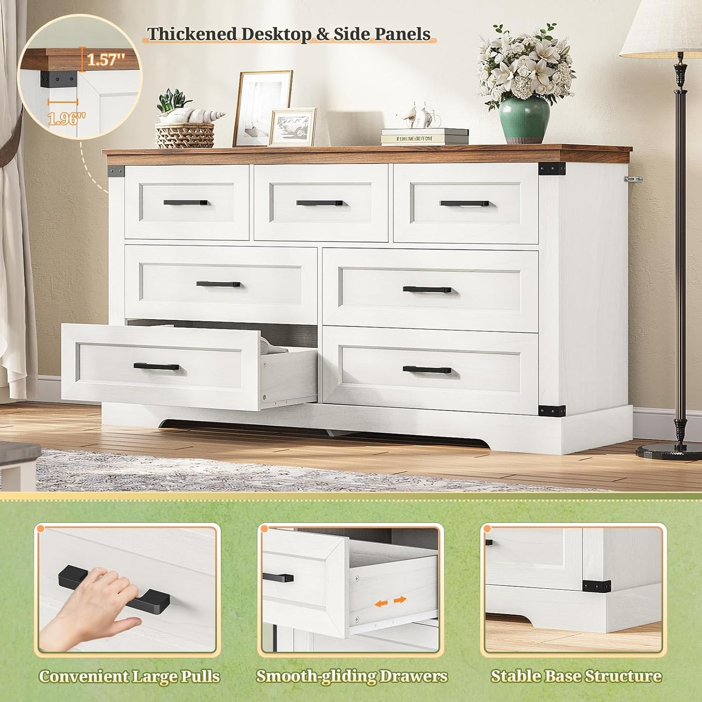 Hasuit White Dresser for Bedroom, Wooden 55.1" Long Dressers Chest of Drawer, Farmhouse 7 Drawer Dresser with Thick Styling, Large Capacity Storage Cabinet Organizer, Wide Dressers for Bedroom Hallway