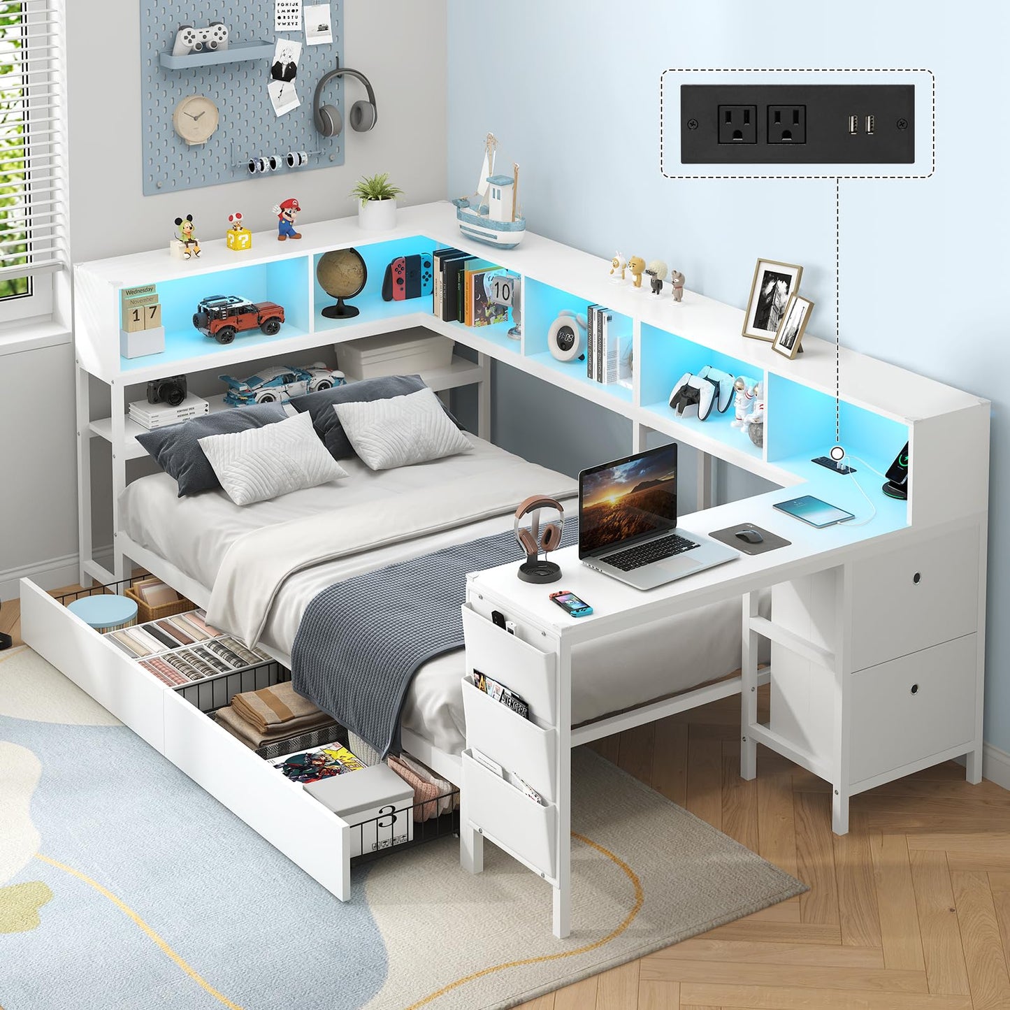 Hasuit Twin Corner Bed with Desk and Storage Bookcase, Daybed with 2 Drawers & 2 Storage Bins, Twin Size Platform Bed Frame with Charging Station and LED Light, Modern Teenagers Bedframe, Pink