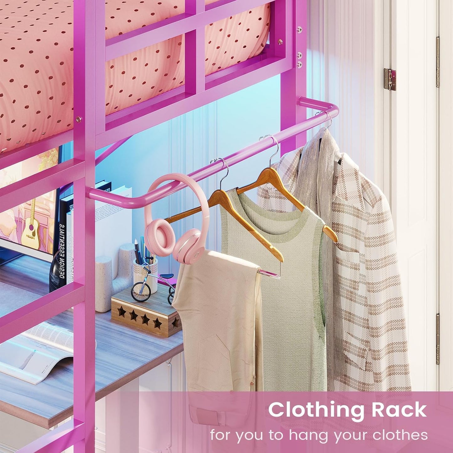 Hasuit Twin Pink Loft Bed with LED Lights, Loft Bed Twin Size with Full-Length Guardrail &Clothes Rack, Heavy Duty Loft Beds Frame, Space-Saving, Noise Free, No Box Spring Needed, Pink