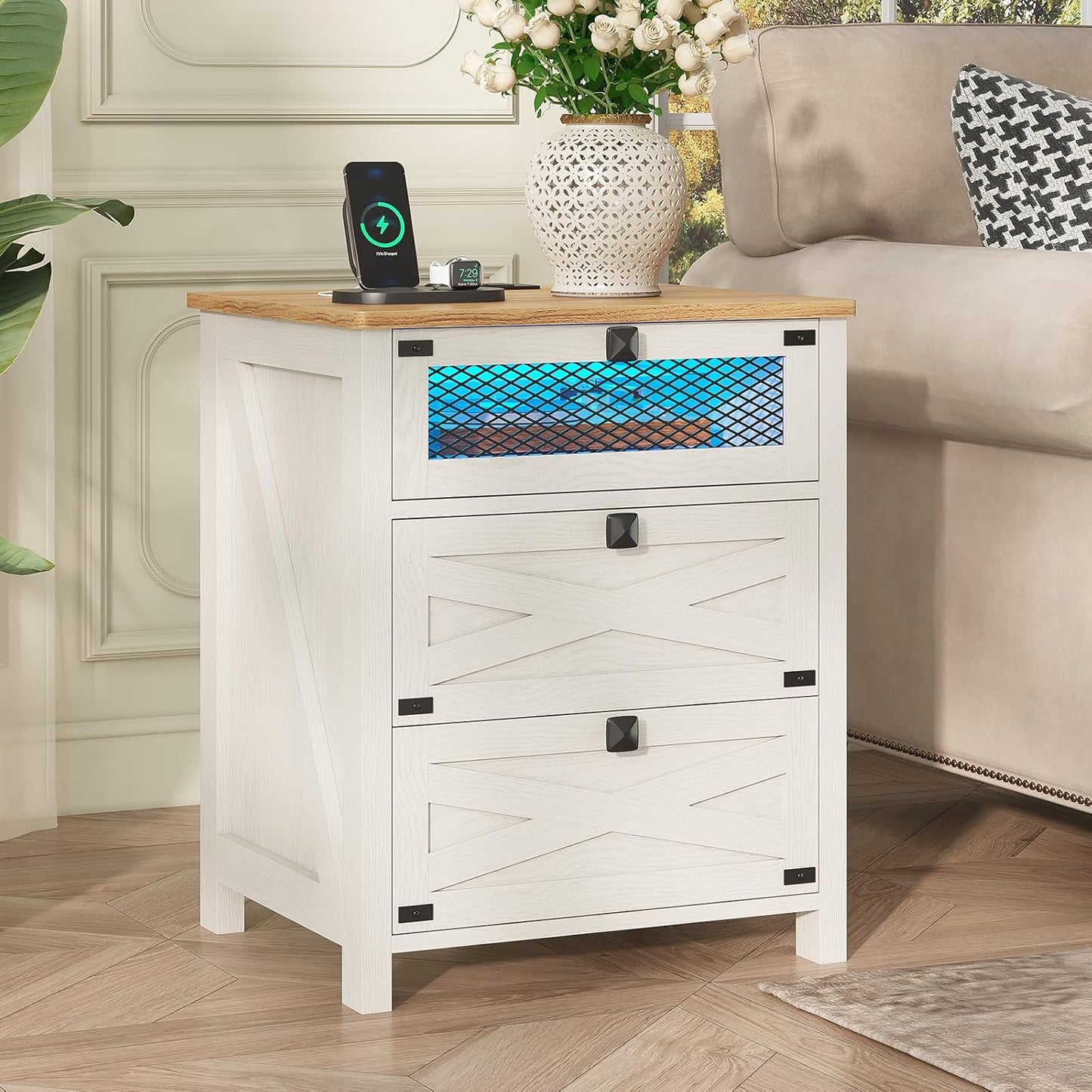 Hasuit Farmhouse Night Stand for Bedroom, Rustic Vintage White Nightstand with Charging Station and LED Lights, Bedside Table with 3 Drawers, Retro Side End Table with Storage