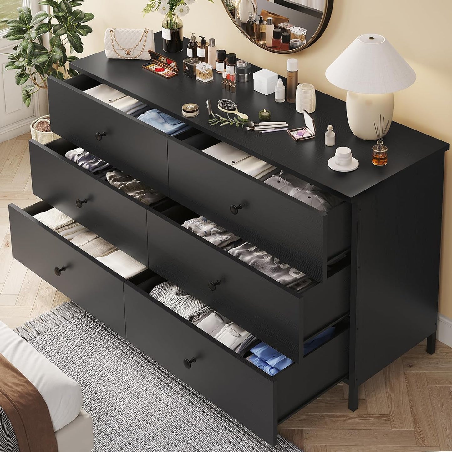 Hasuit 6 Drawers Double Dresser, Wooden Dressers with Heavy Sturdy Steel Frame, Large Capacity Storage Chest of Drawers, Black Dresser for Bedroom, Living Room, Entryway