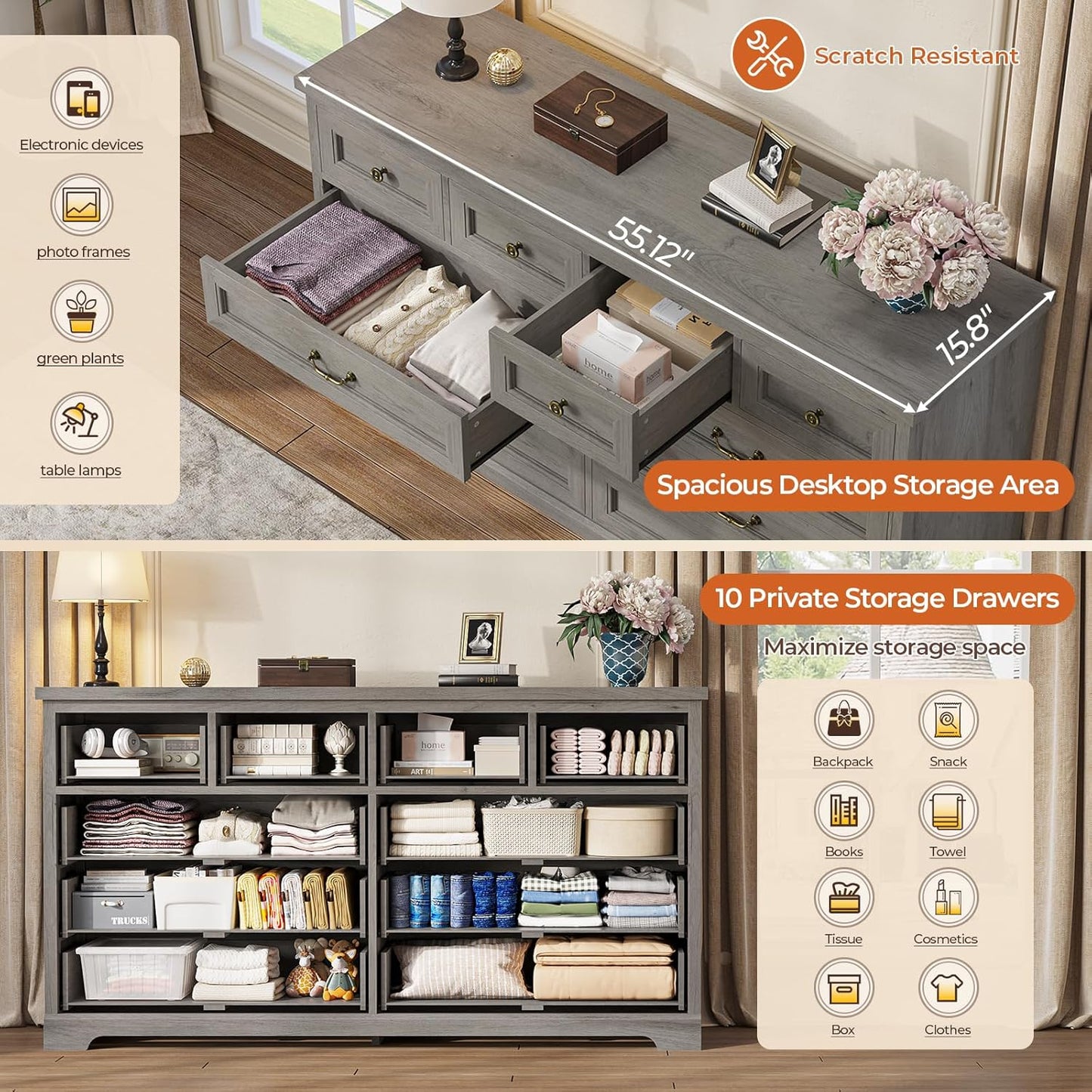 Hasuit Farmhouse 10 Drawer Dresser for Bedroom, 55.1" Wide Dressers Chest of Drawers, Rustic Wood Storage Cabinet with Deep Drawers and Vintage Handle, Large Gray Dresser for Bedroom, Closet, Hallway