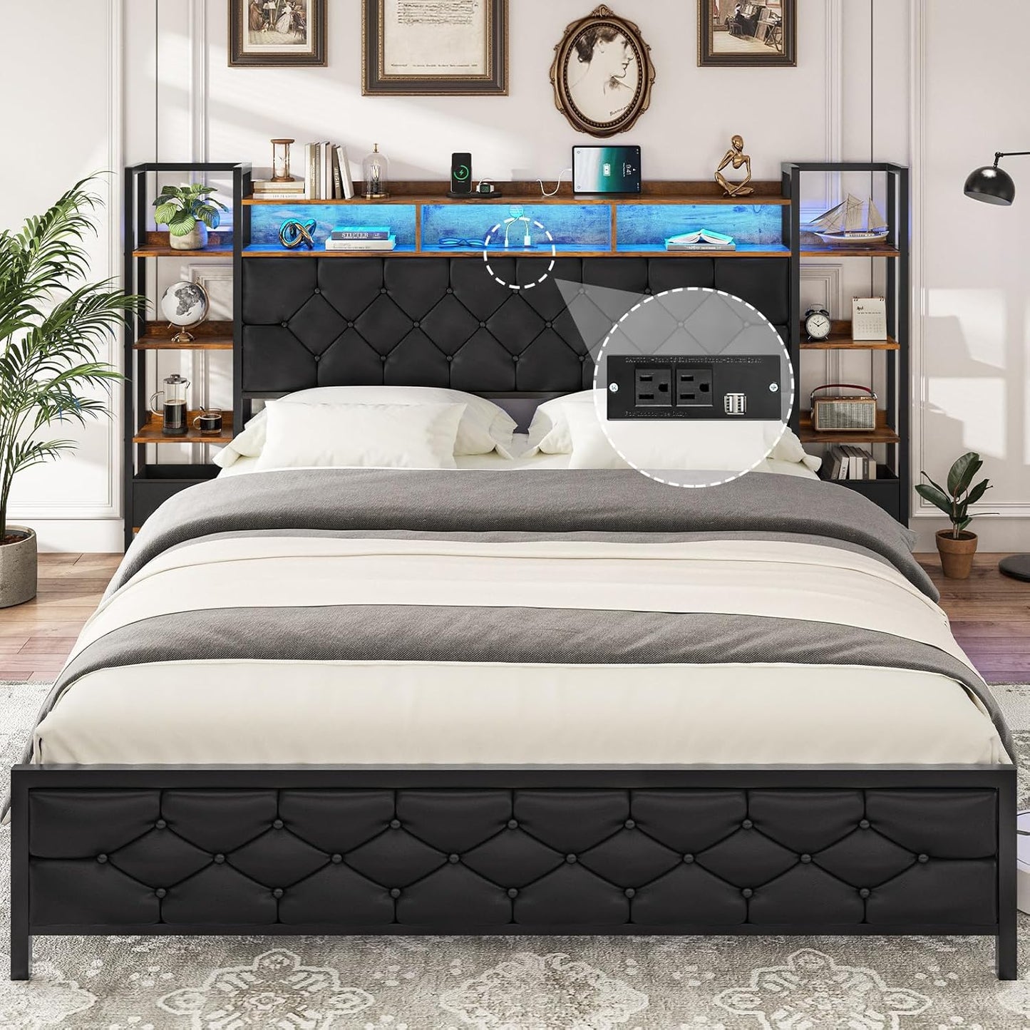 Hasuit King Farmhouse Bed Frame, King Size Platform Bed with LED Lights and Charging Station, Artificial Leather Headboard with Bookcase Shelves, No Box Spring Needed, Noise Free
