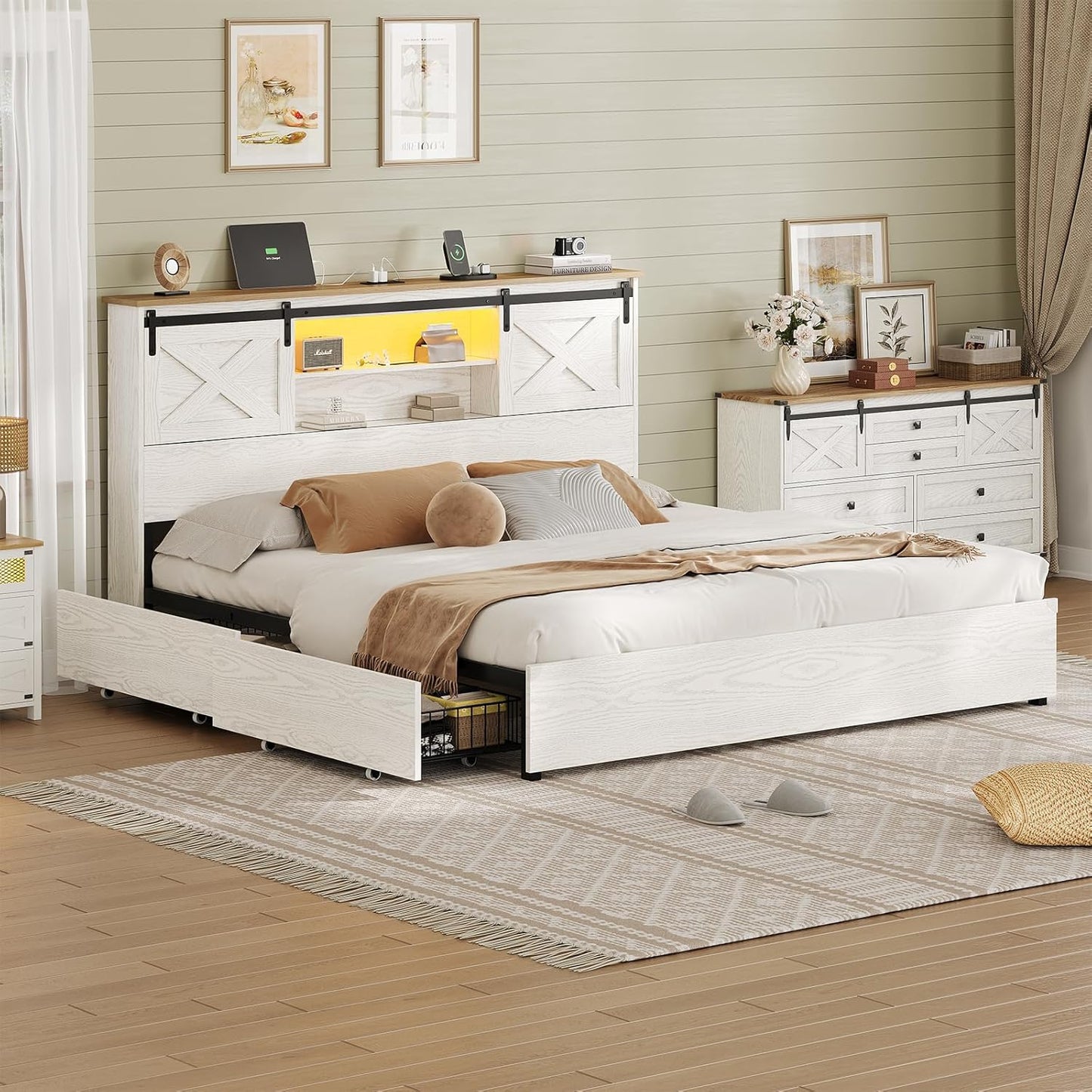 Hasuit Farmhouse Bed Frame California King Size with 4 Storage Drawers, Wooden Platform Cal King Beds with Charging Station and LED Lights, Rustic Bed with Storage Headboard and Sliding Barn Door