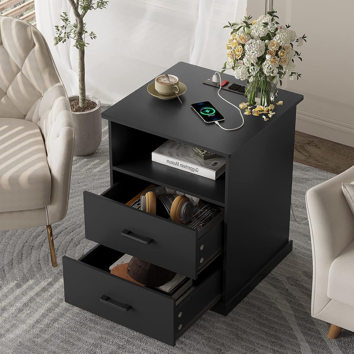 Hasuit Night Stand Set of 2 with Charging Station, Large Nightstands with Storage Drawers and Open Cubby, Black Bedside Side End Table for Home Office, Wider Tabletop 19.0'' x 15.0''