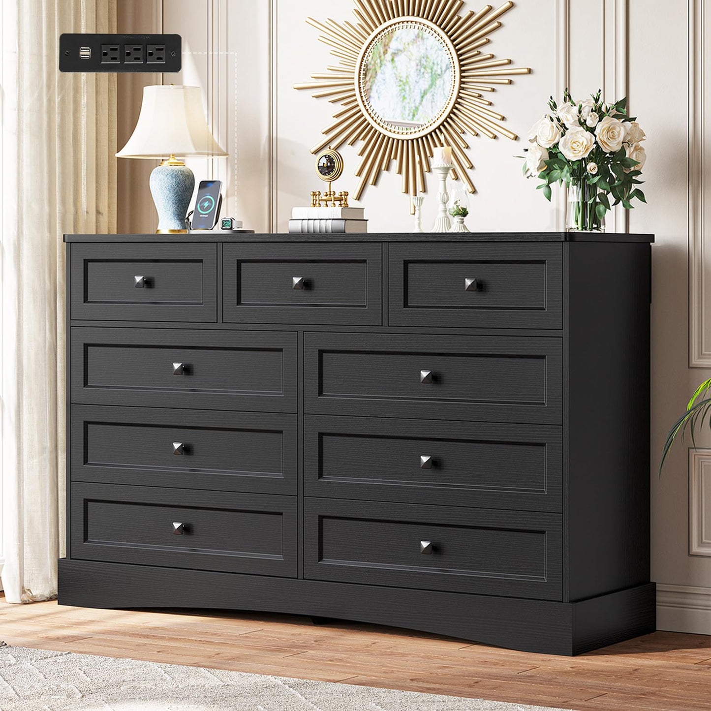 Hasuit White Dresser for Bedroom with 9 Drawers, 51.2" Large Drawer Dressers with Charging Station, Wide Farmhouse Dressers Chest of Drawers, Wooden Storage Tower Organizer, Dresser for Bedroom Closet