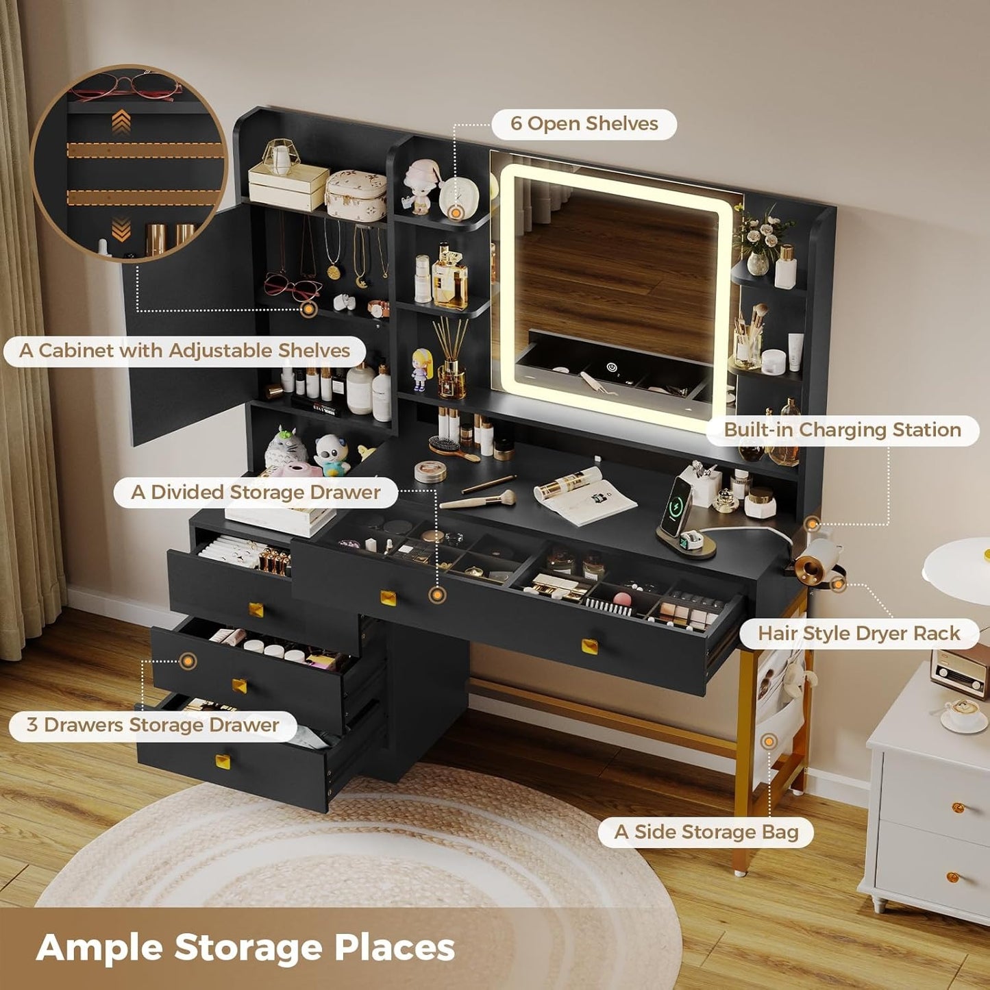 Hasuit Makeup Vanity Desk with Mirror and LED Lights Charging Station Jewelry Cabinet Black