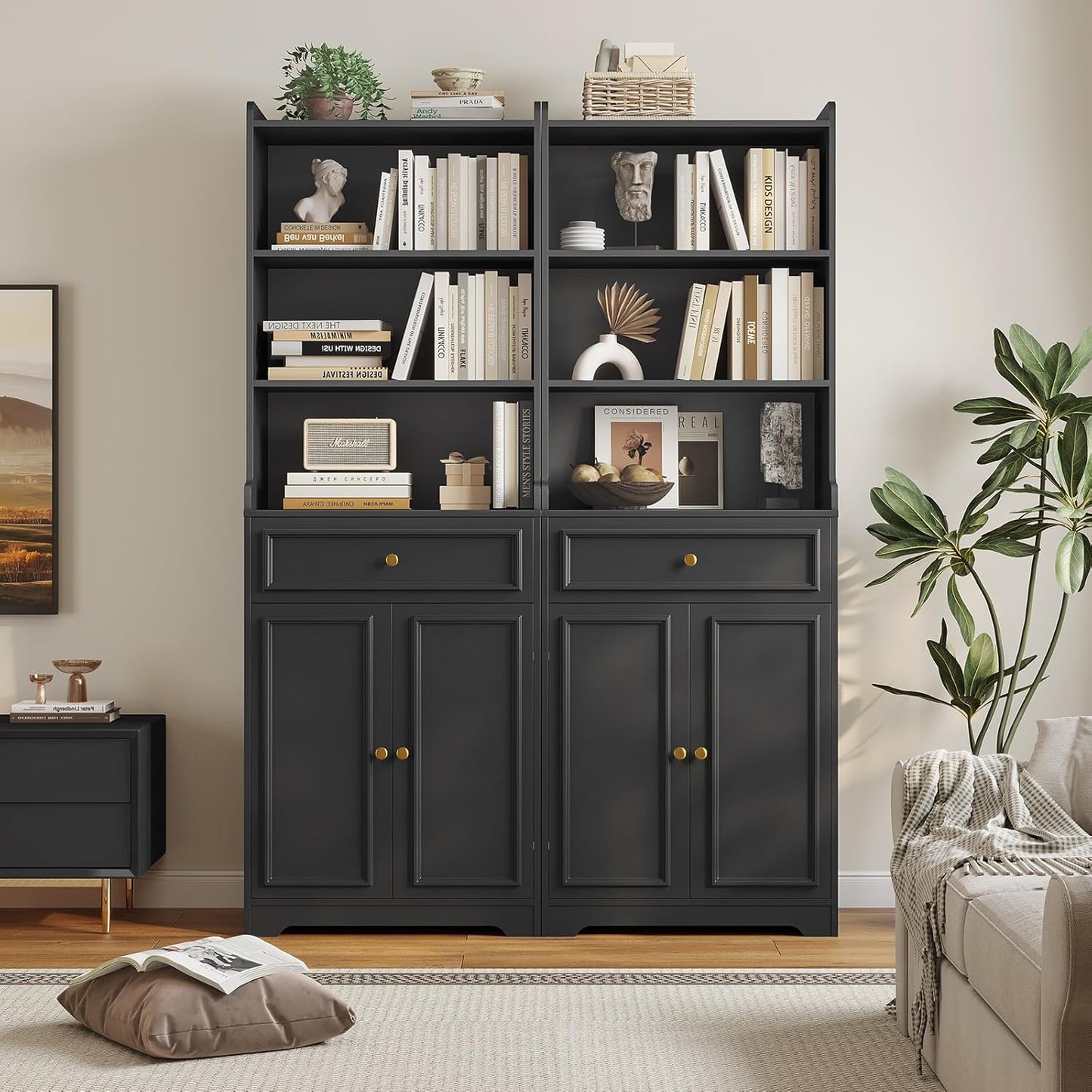 DICTAC Bookcase with Drawers and Doors 73.23'' Tall Bookshelf with Open Shelves Black Freestanding Kitchen Pantry with Microwave Stand Storage Cabinet Organizer for Living Room,Study,Bathroom,Office