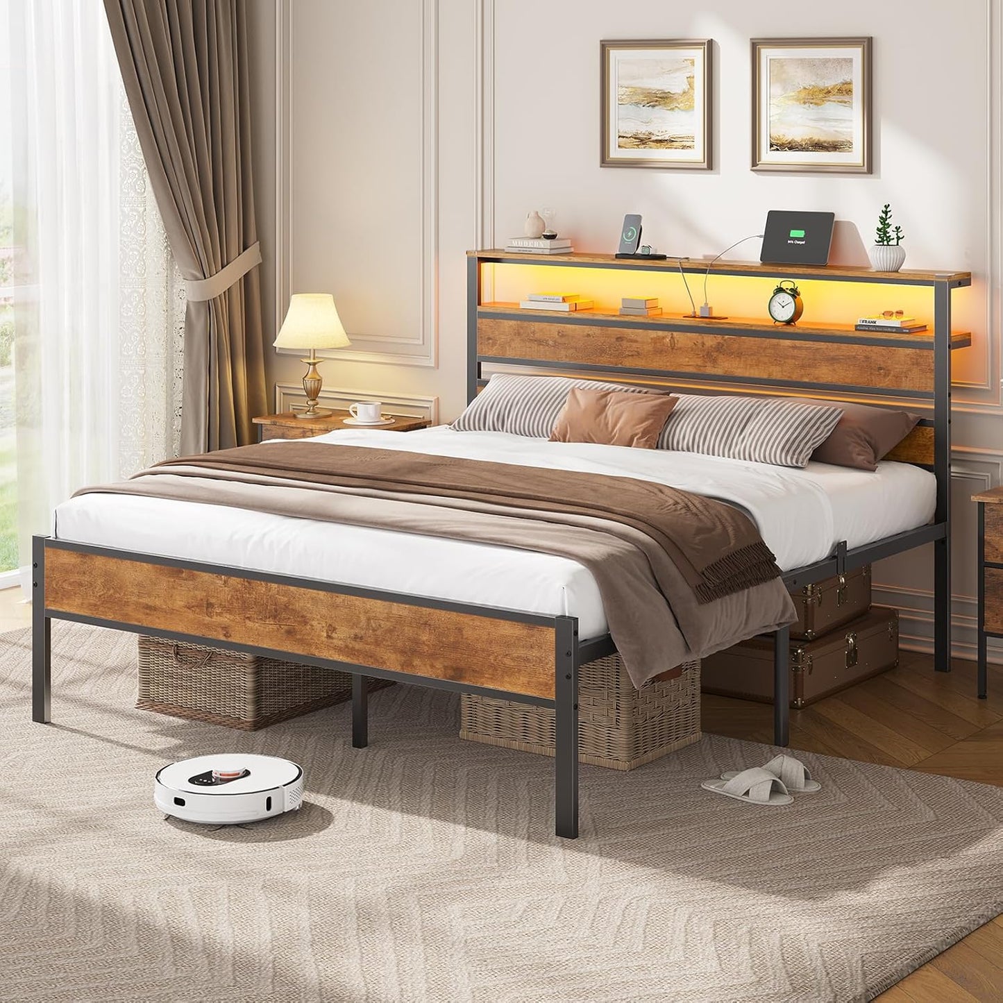 Hasuit Queen Bed Frame with Headboard, LED Lights and Charging Station, Metal Platform Bed Queen Size with Heavy Duty Slats, Under Bed Storage, Fast Assembly, No Box Spring Needed, Noise Free
