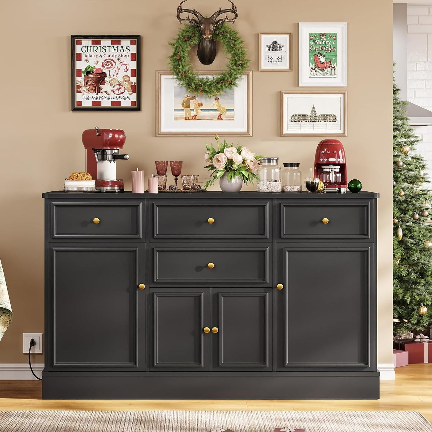 Hasuit 55.1"W Black Kitchen Sideboard Buffet Cabinet with Power Outlets and Storage Drawers