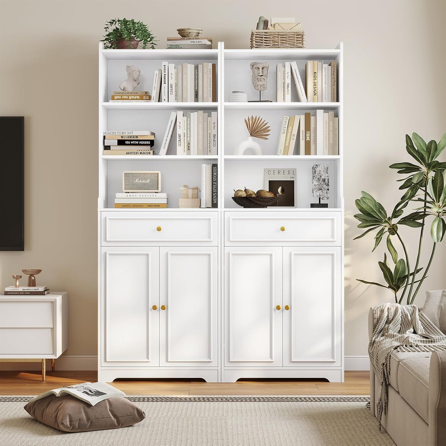 DICTAC Bookcase Set of 2 with Drawer and Doors 73.23''Tall Bookshelf with Open Shelves Freestanding Storage Cabinet with Microwave Space Storage Organizer for Home Office,Living Room,Bathroom,White