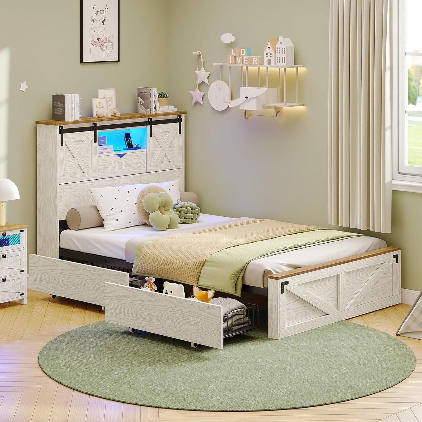 Hasuit Farmhouse Bed Frame Twin XL Size with 2 Storage Drawers, Wooden Platform Twin XL Bed with LED Lights and Charging Station, Rustic Headboard with Sliding Barn Door Storage Cabinets (White)